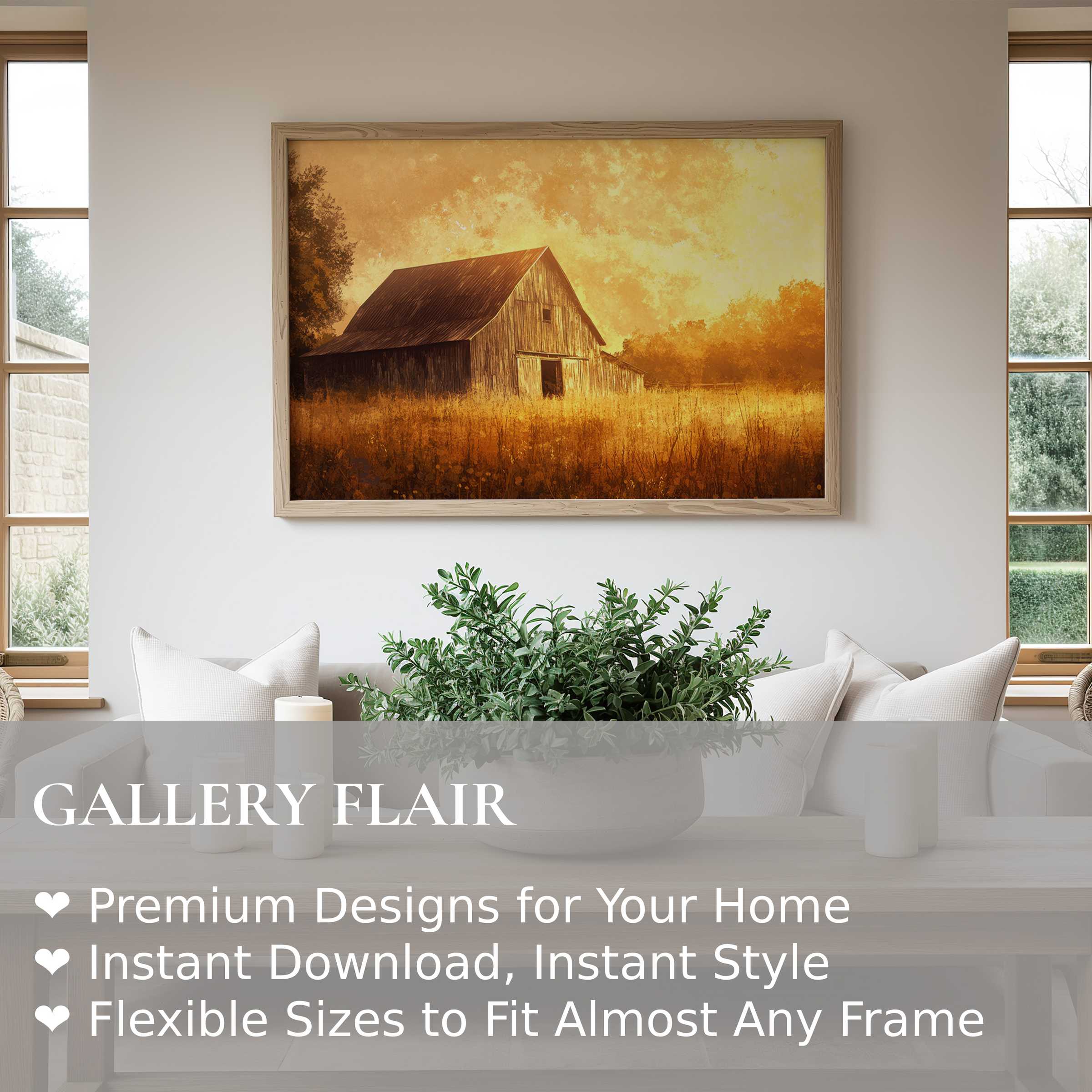 Farmhouse wall art print with radiant golden hues evokes warm nostalgia, enhancing serene modern rustic spaces with timeless charm