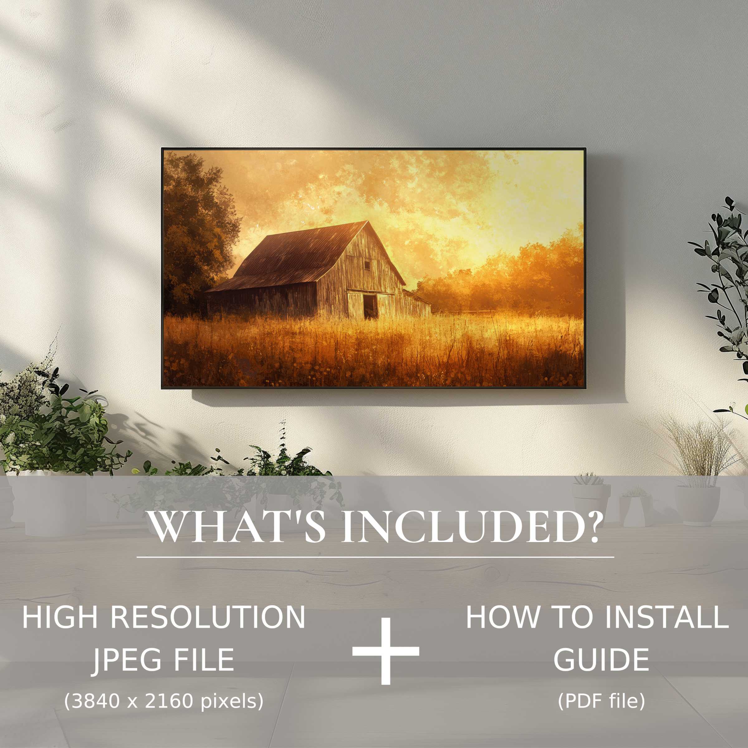 Elegant farmhouse digital TV art download elevates living spaces with warm rustic charm, easy digital use and sleek installation