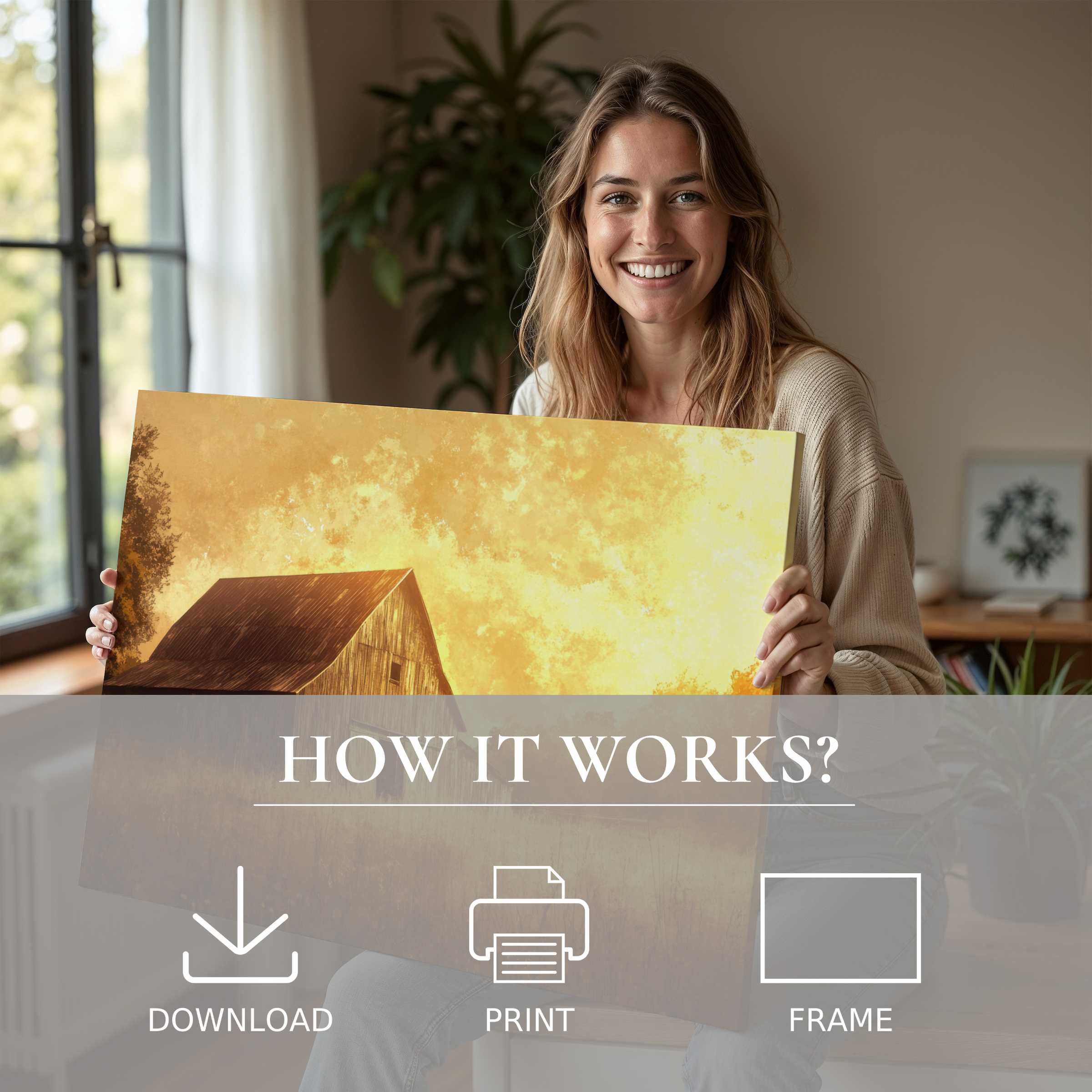 Joyful woman in a sunlit modern home sharing a farmhouse digital art print, embodying warmth and effortless elegance