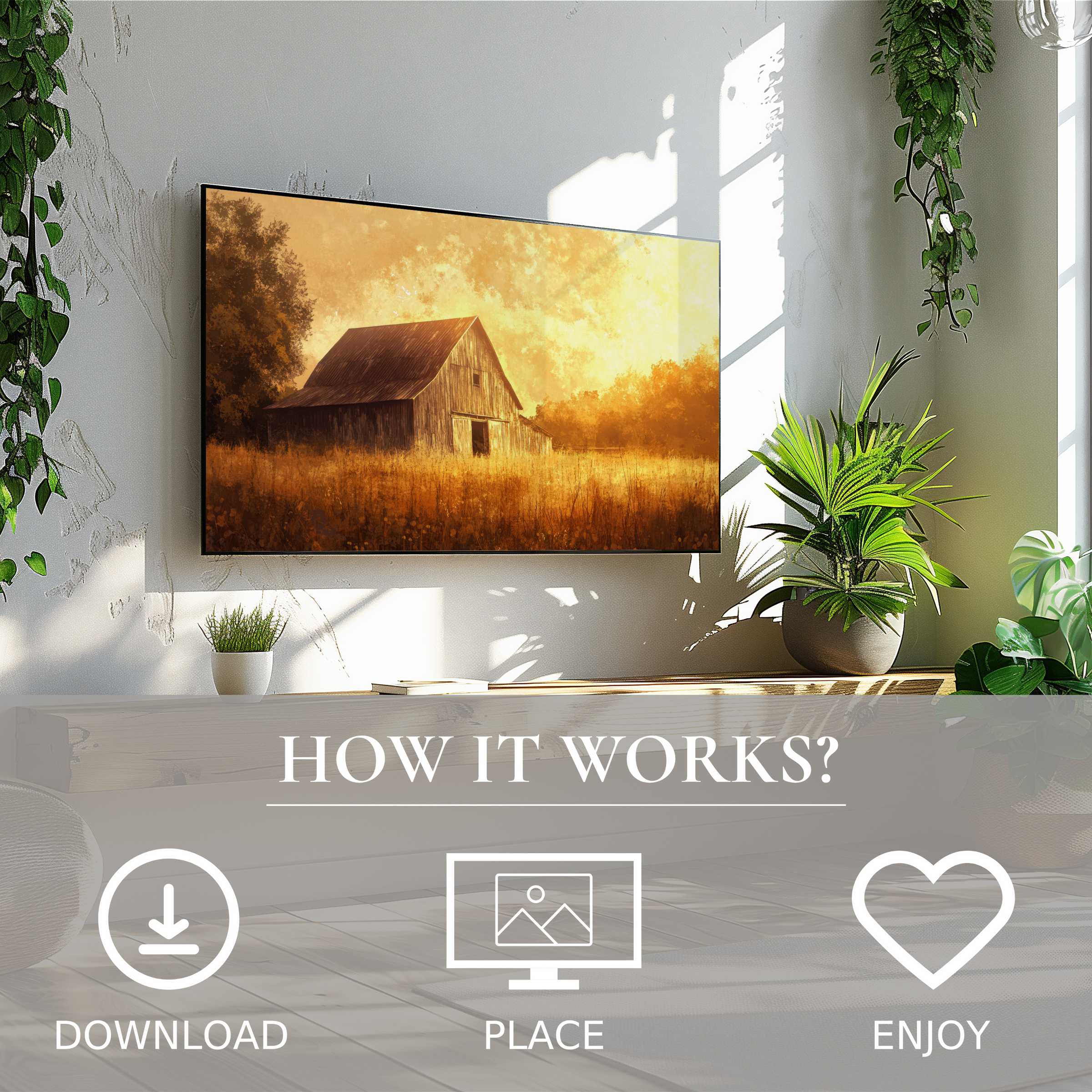 Modern living room with farmhouse art for Samsung TV, warm sunset tones, easy digital download enriches space
