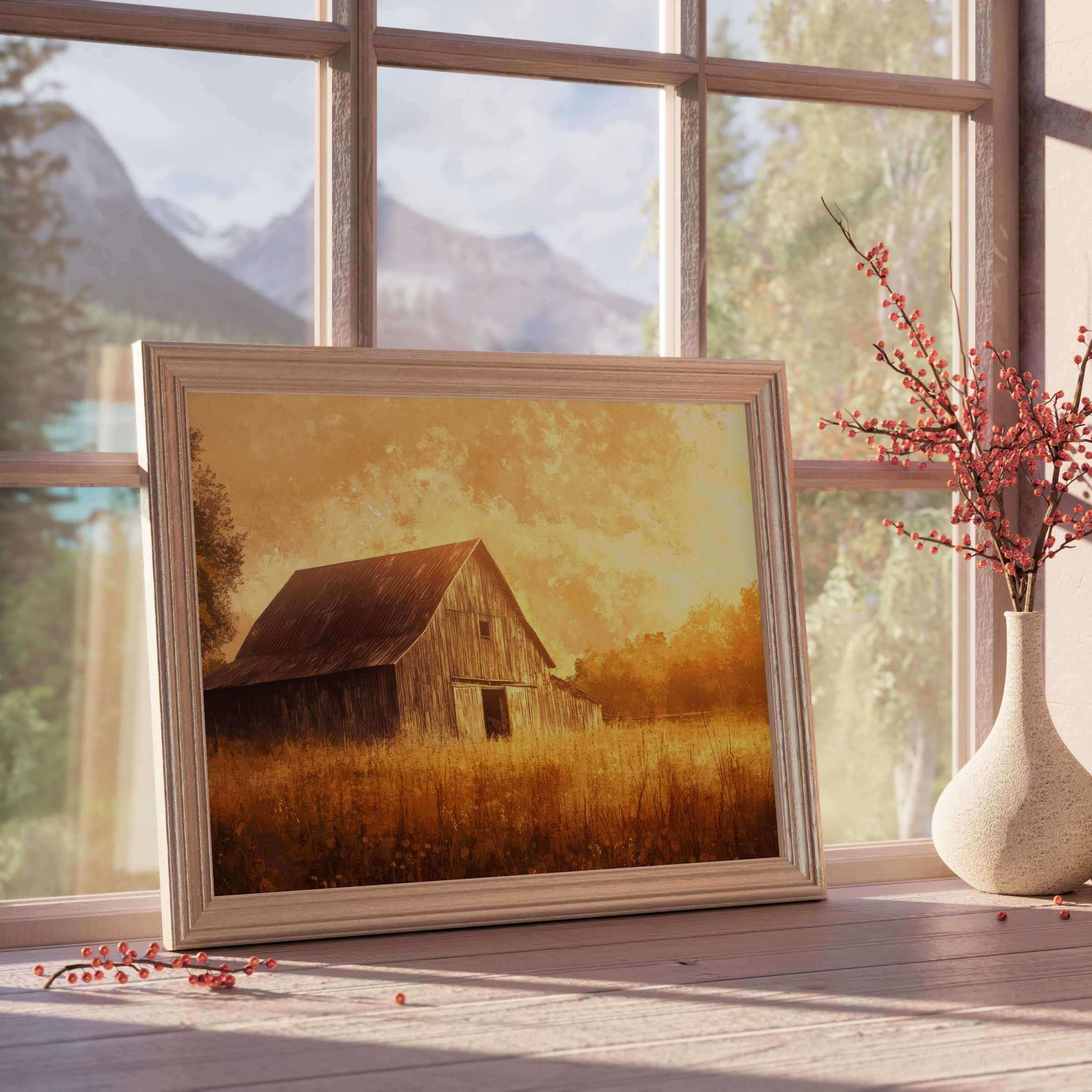 Sun-kissed farmhouse downloadable art capturing rustic charm and serene warmth, perfect for elevating curated, tranquil interiors