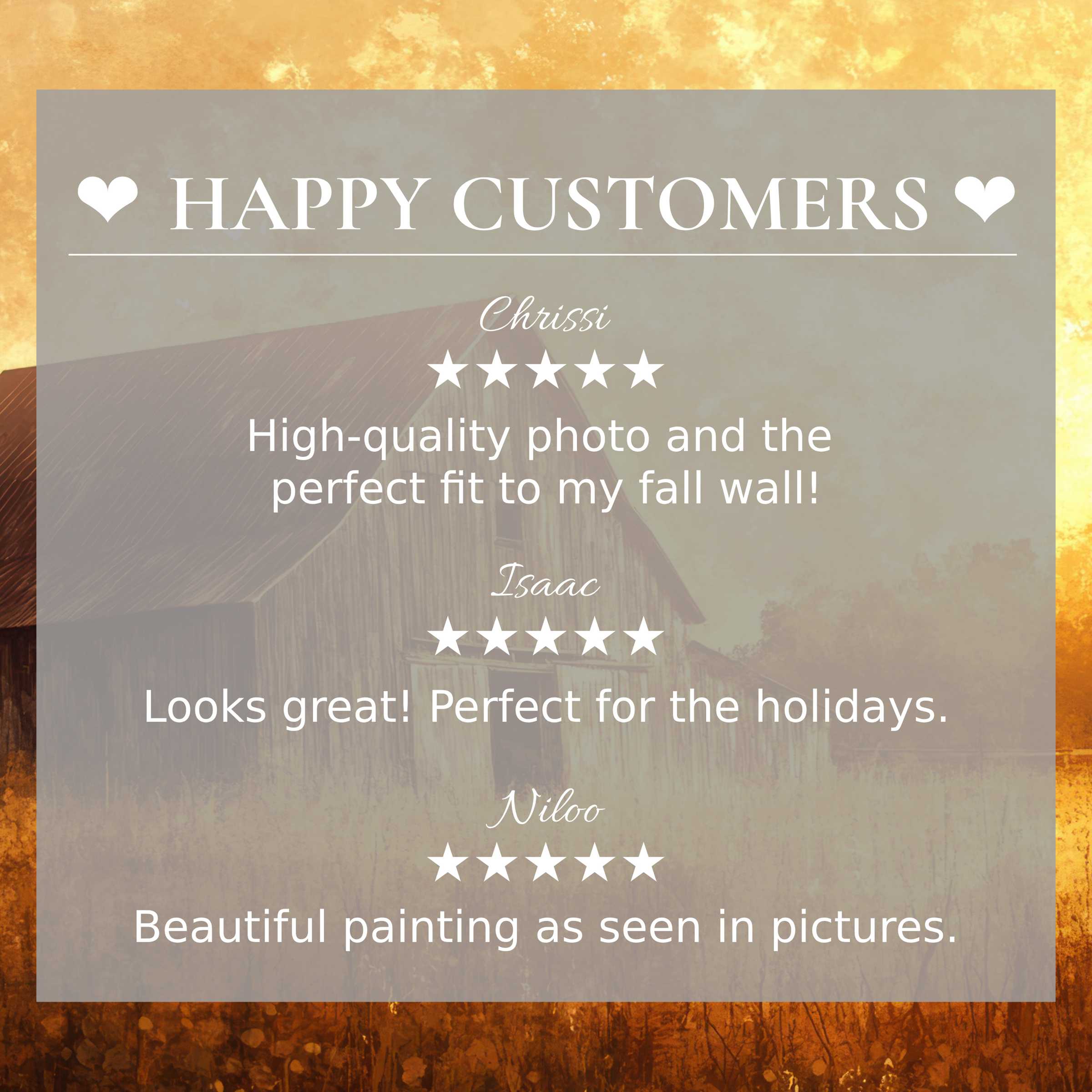 Farmhouse art for Frame TV with abstract sunset hues, happy customer reviews highlight trust and elegant style