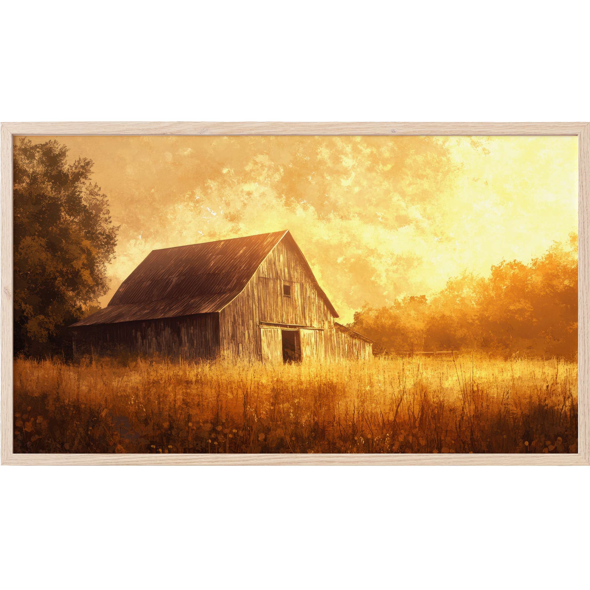 Farmhouse Frame TV Art depicting a rustic barn in warm golden hues, blending classic charm with modern elegance