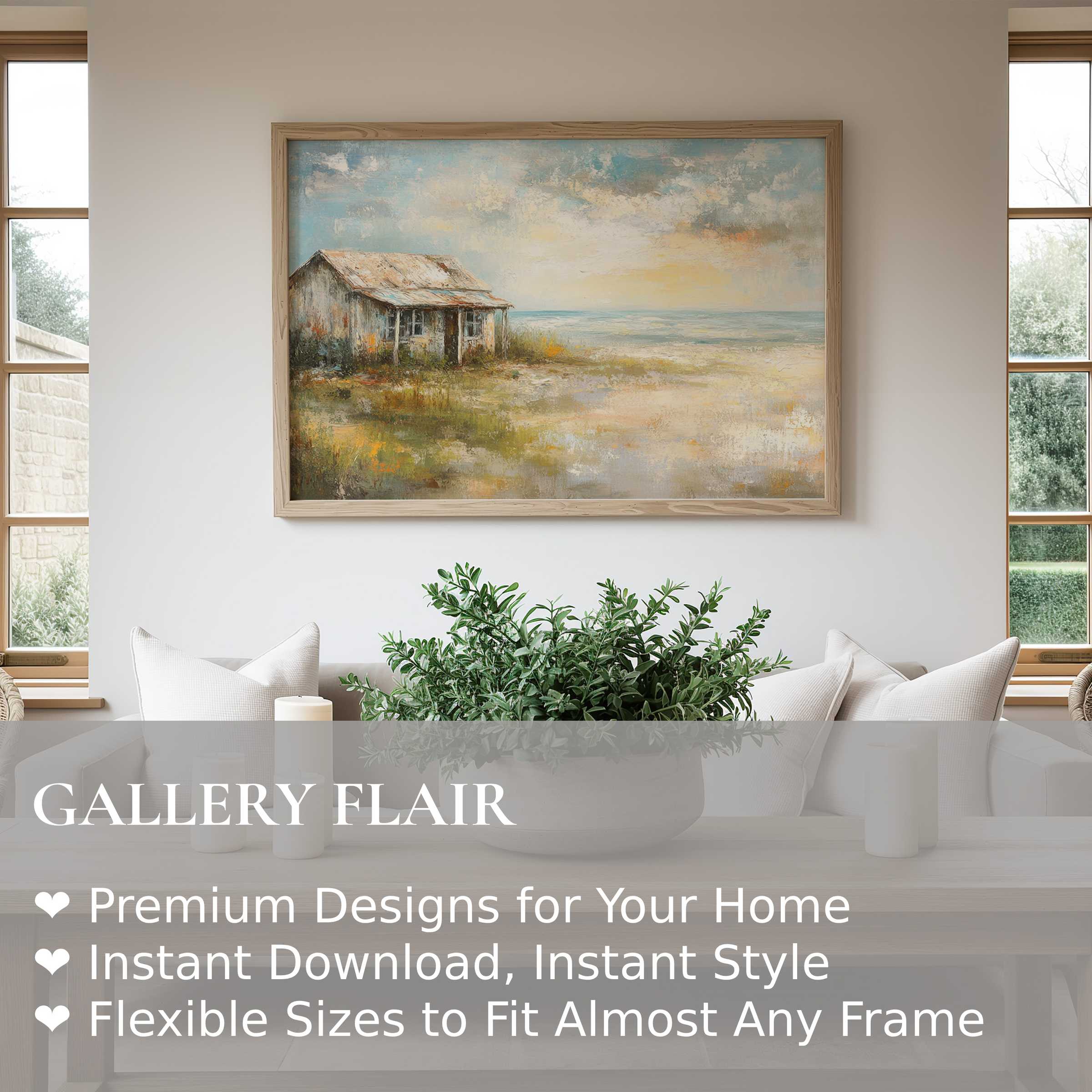Coastal wall art print capturing a serene beach cottage with soft, radiant hues enhancing modern coastal interiors