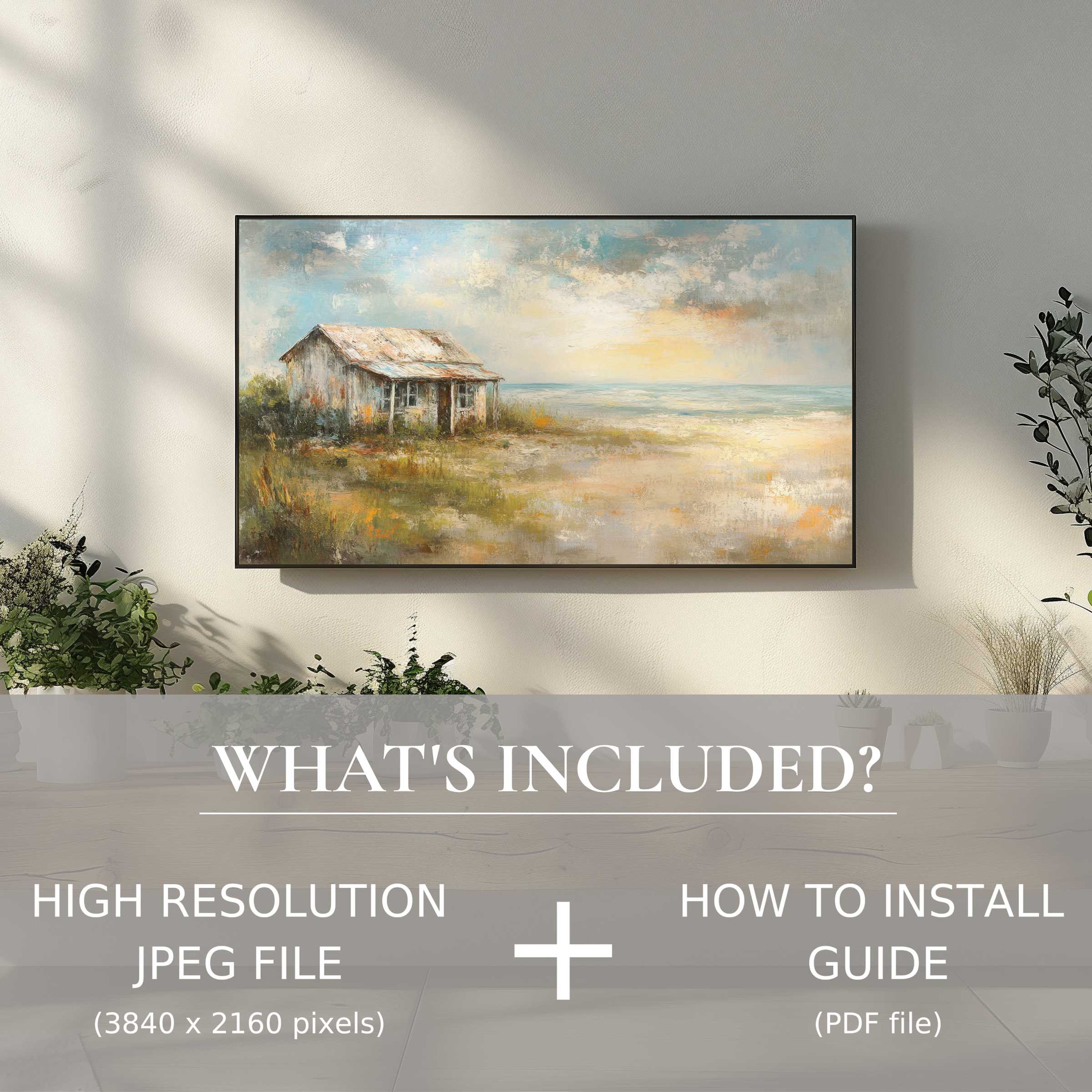 Coastal digital TV art download enhancing serene modern living spaces with effortless digital use and refined seaside charm