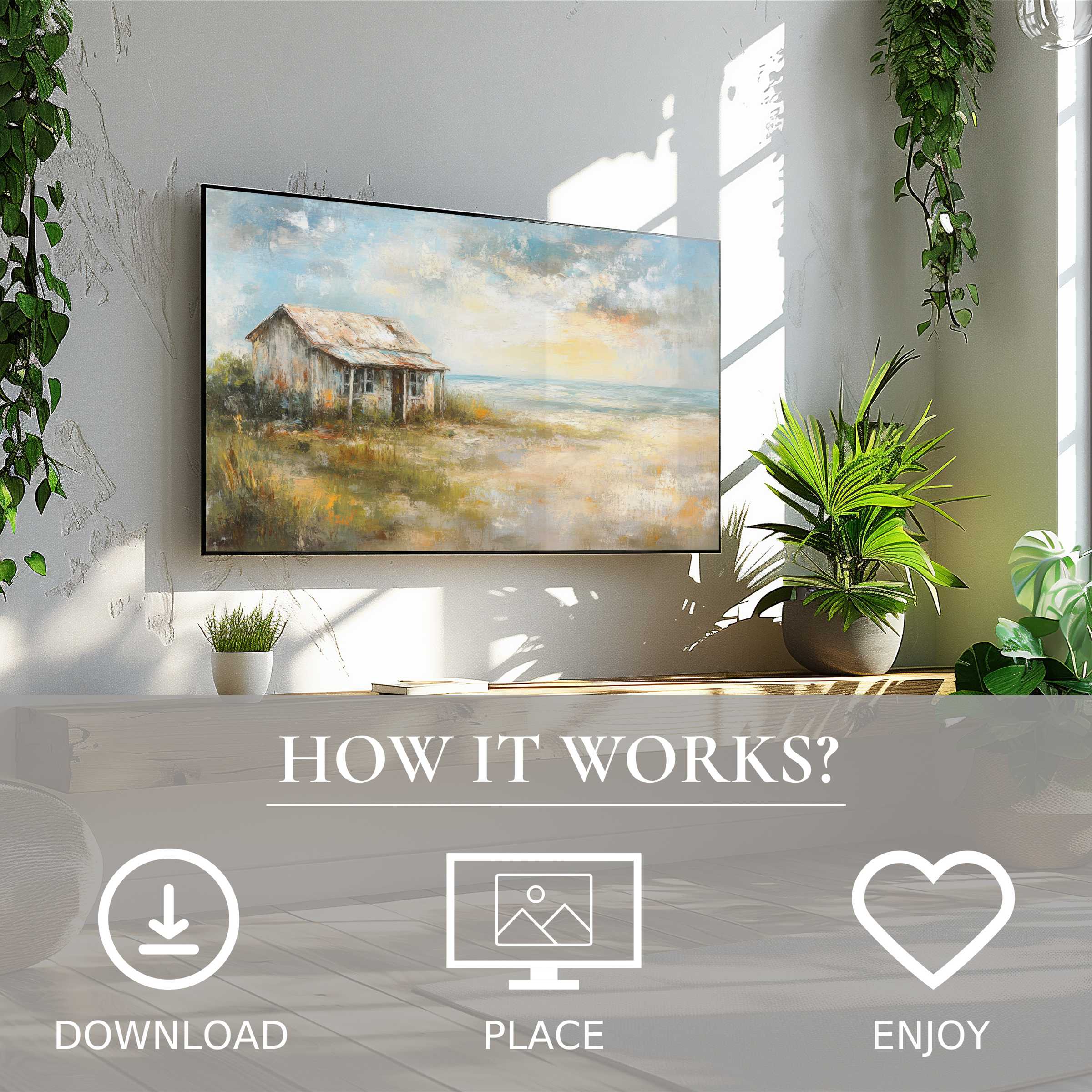 Coastal art for Samsung TV showing soft sunset tones, easy digital download, enriching modern living spaces with calm ambiance