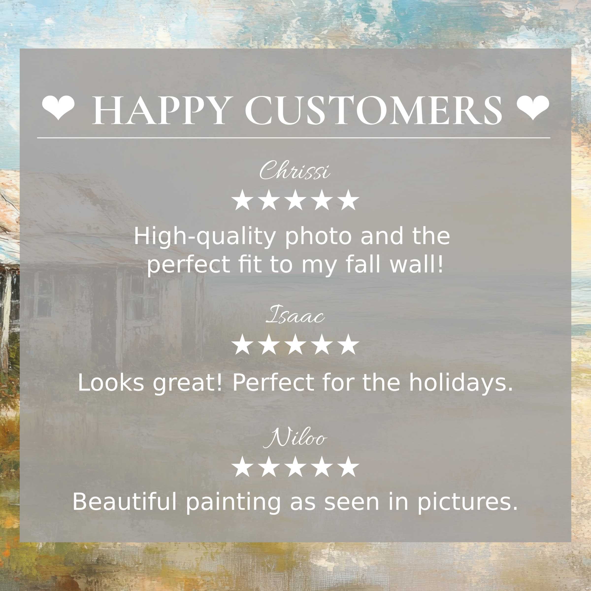 Coastal art for Frame TV with abstract sunset hues, elegant layout showcasing happy customer reviews and trusted style