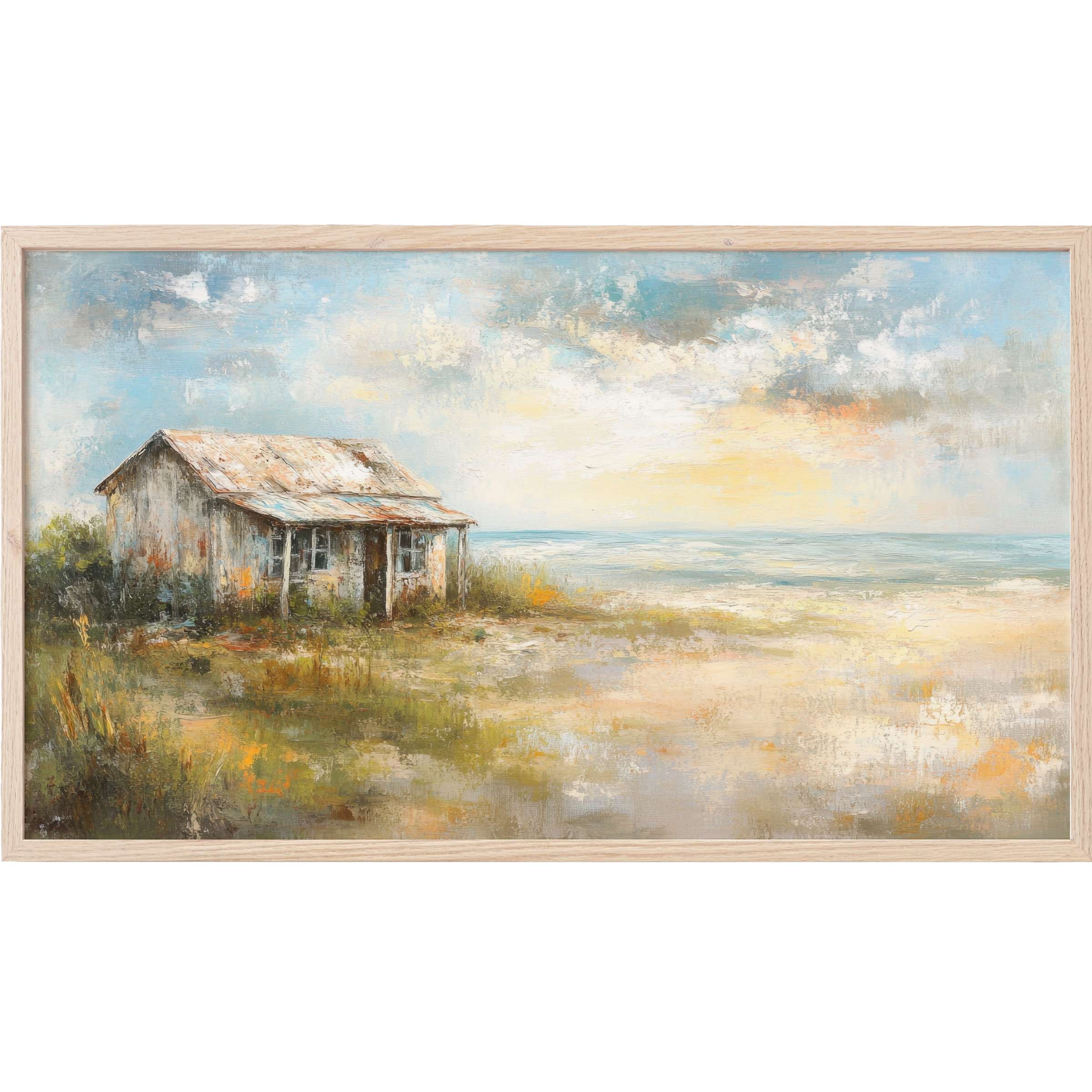 Coastal Frame TV Art depicts a rustic beach hut in soft blues, sandy ochres, and muted greens with a serene sky