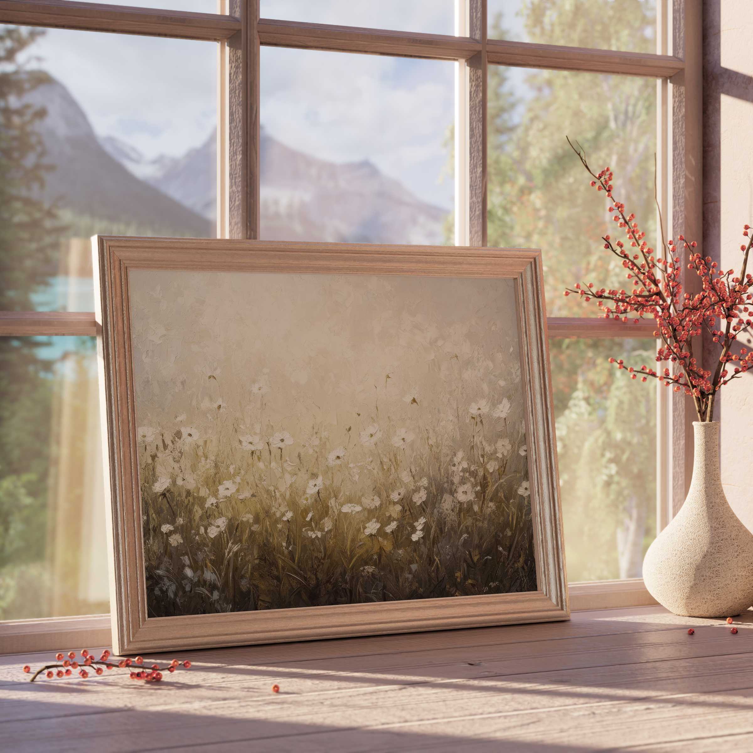 Elegant spring downloadable art capturing a serene meadow of white blooms, perfect for tranquil, curated interiors