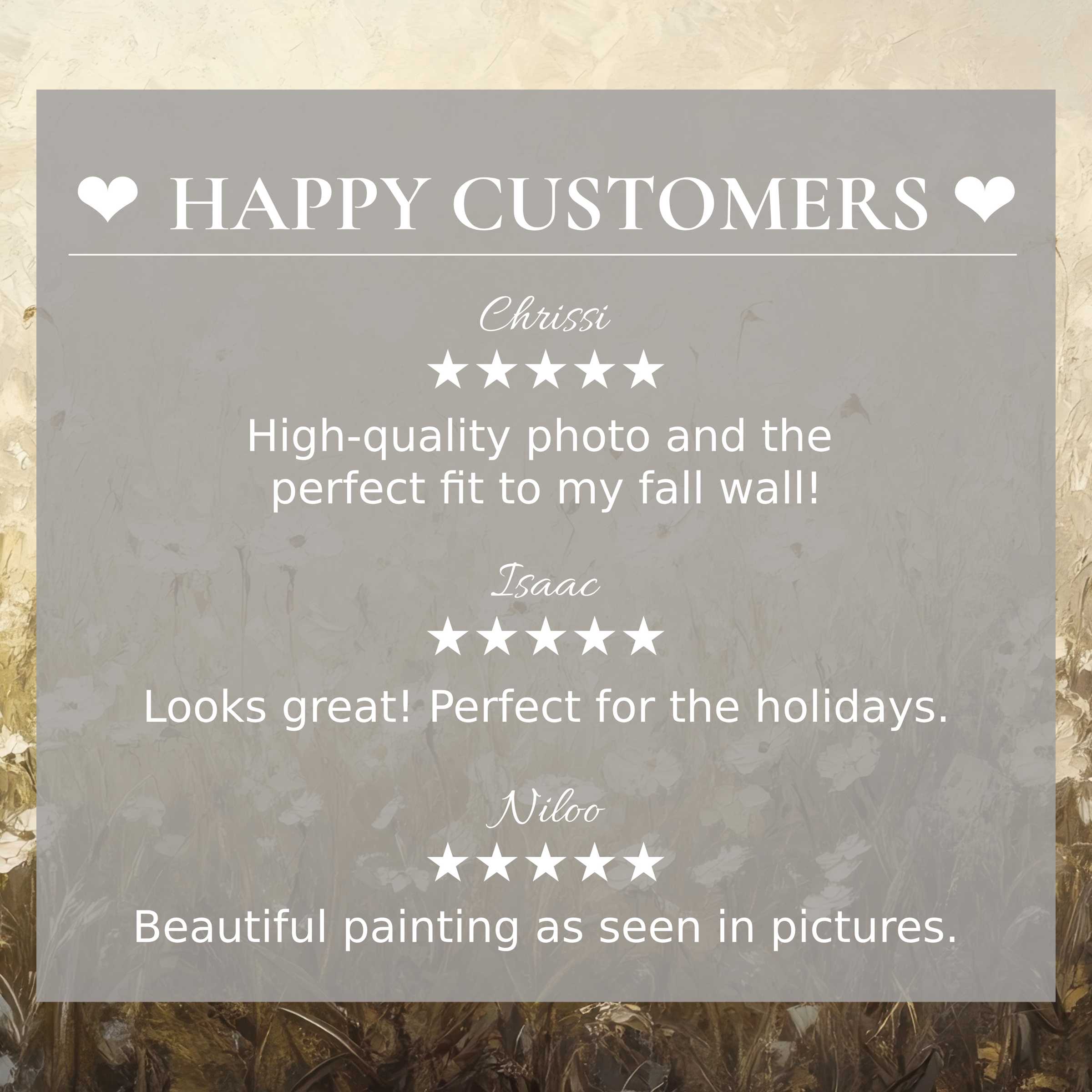 Refined spring art for Frame TV with abstract sunset hues, showcasing happy customer reviews and elegant, trustworthy design