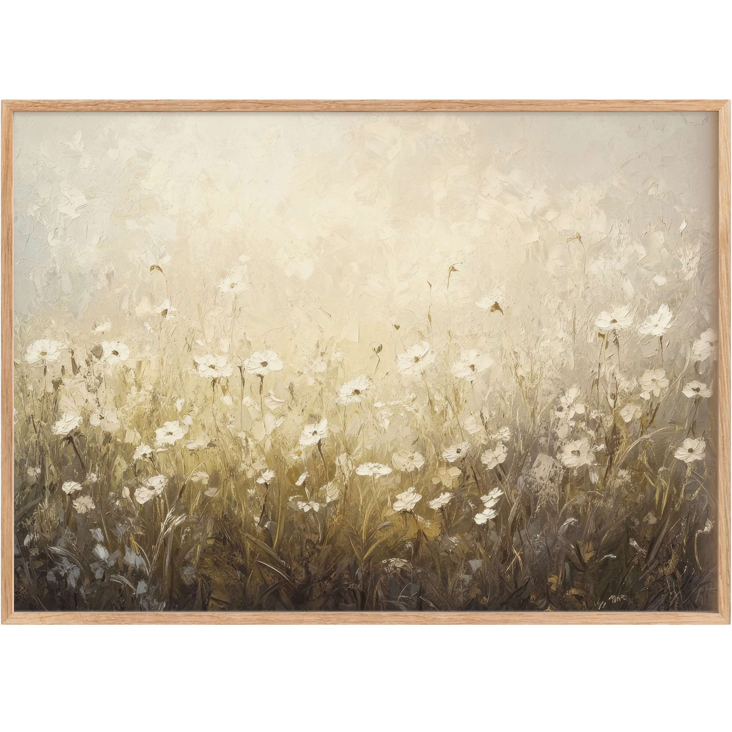 Ethereal spring printable wall art with soft whites and warm earth tones, evoking a serene, sunlit meadow ambiance