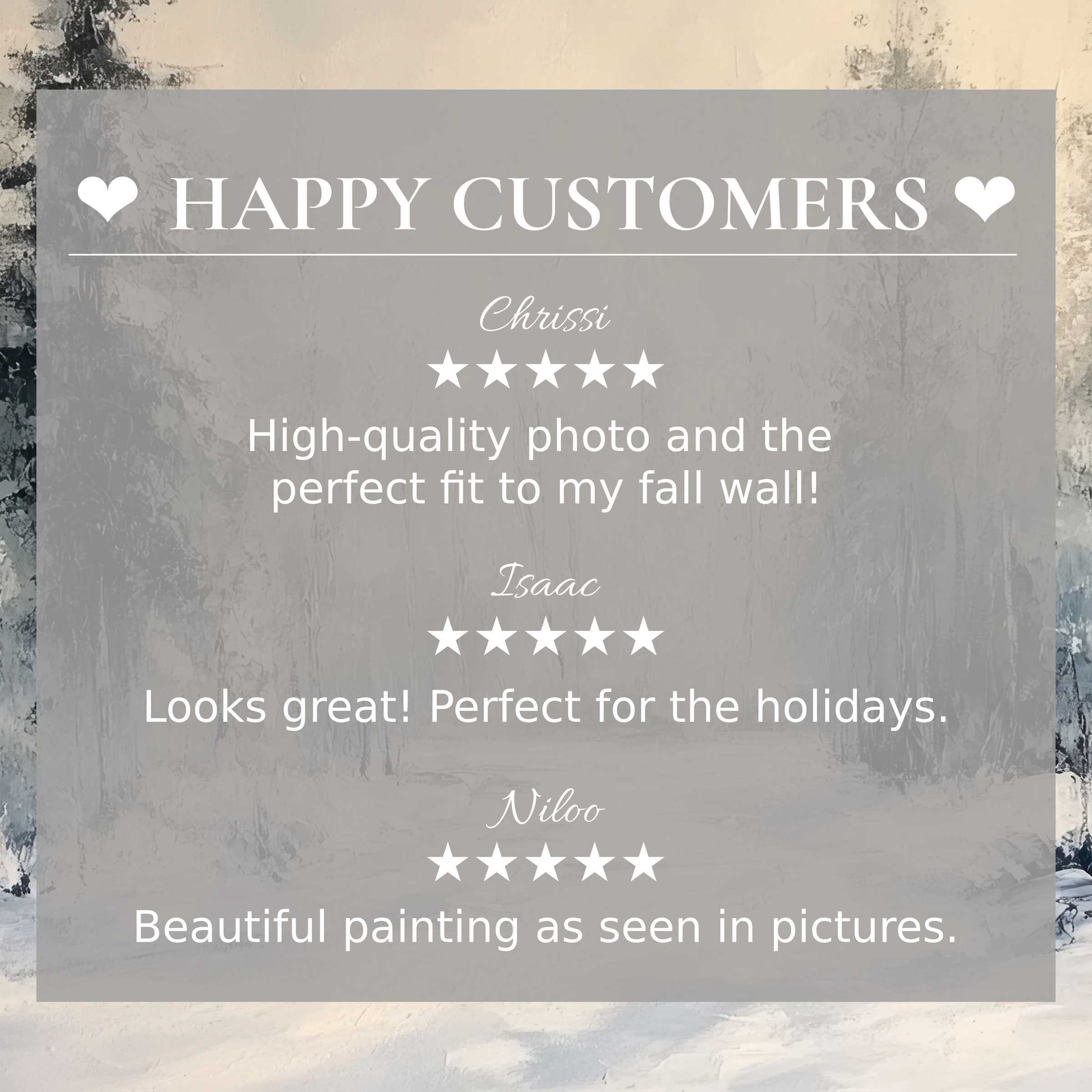 Winter art for Frame TV with abstract muted tones, showcasing happy customer reviews and refined, trustworthy design