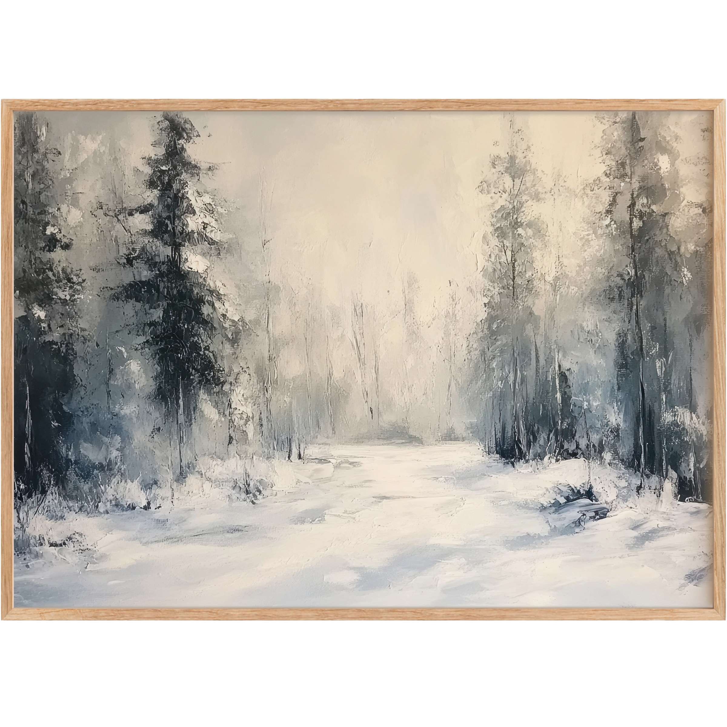 Winter printable wall art capturing a serene, misty forest in soft grays and icy whites, evoking calm and understated elegance