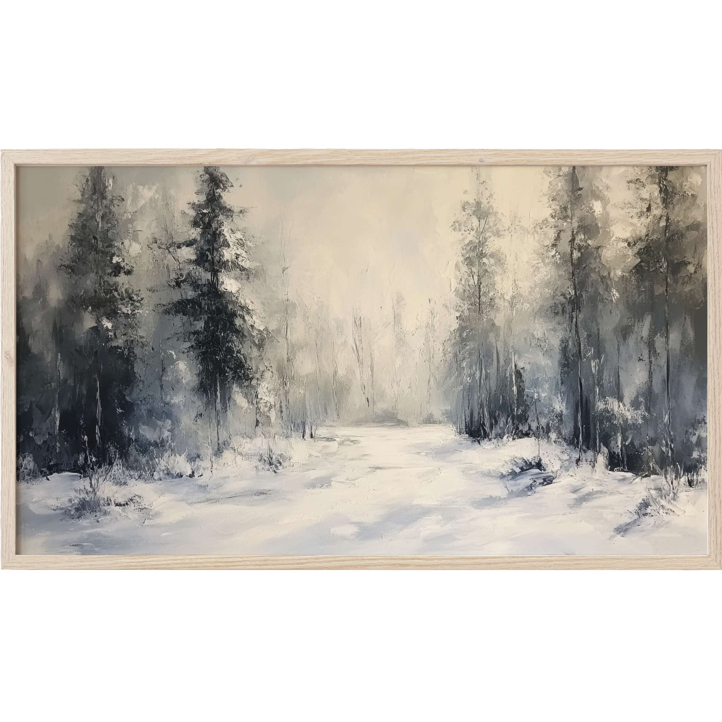 Elegant winter forest scene in muted grays and creams, textured brushstrokes, winter Frame TV Art for refined spaces