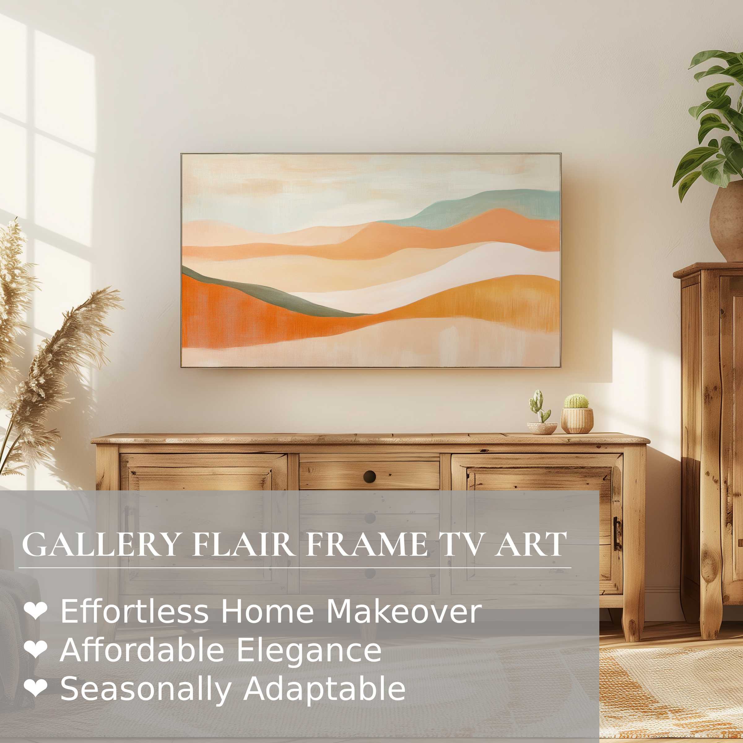 Boho digital artwork on Samsung Frame TV in warm, earthy tones, enhancing a modern, elegant natural wood setting