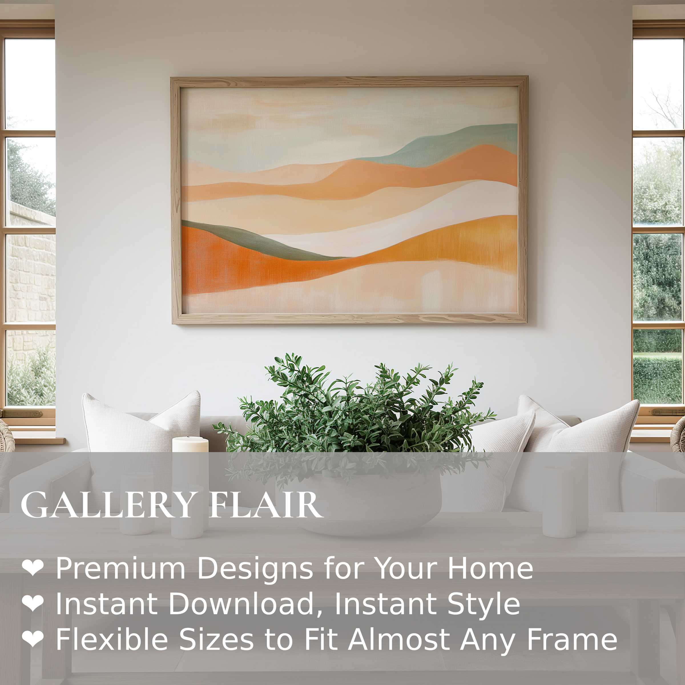 Boho wall art print with warm earth tones and soft abstract hills, enhancing modern rustic interiors with calming, organic elegance