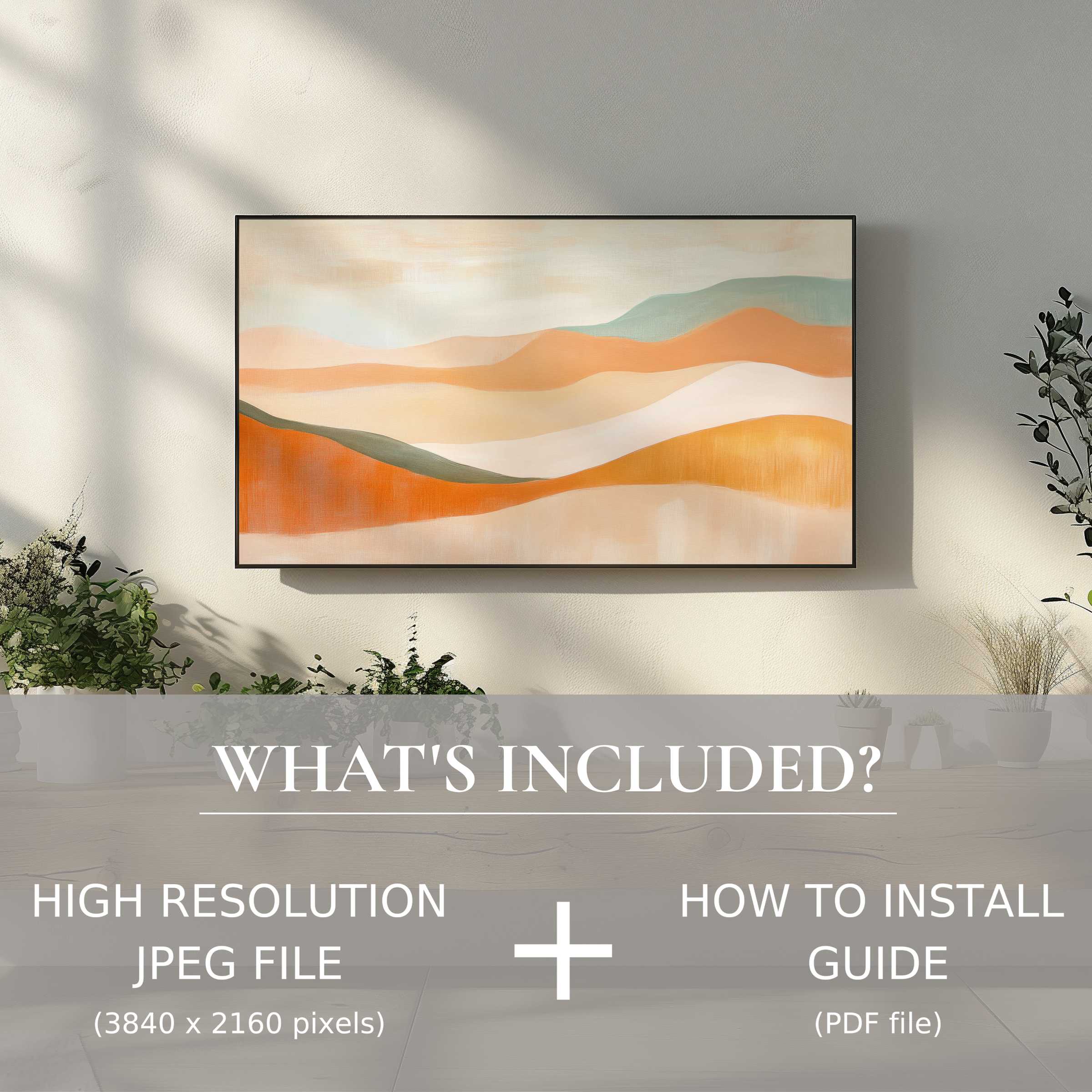 Elegant boho digital TV art download with easy use, enhancing living spaces with warm abstract landscape tones