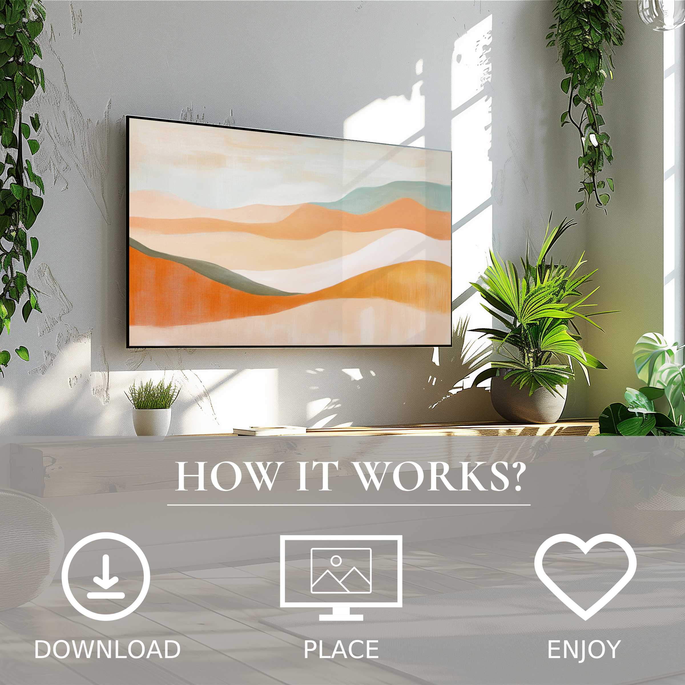 Boho art for Samsung TV with soft sunset tones enriches any room; easy digital download enhances modern living spaces