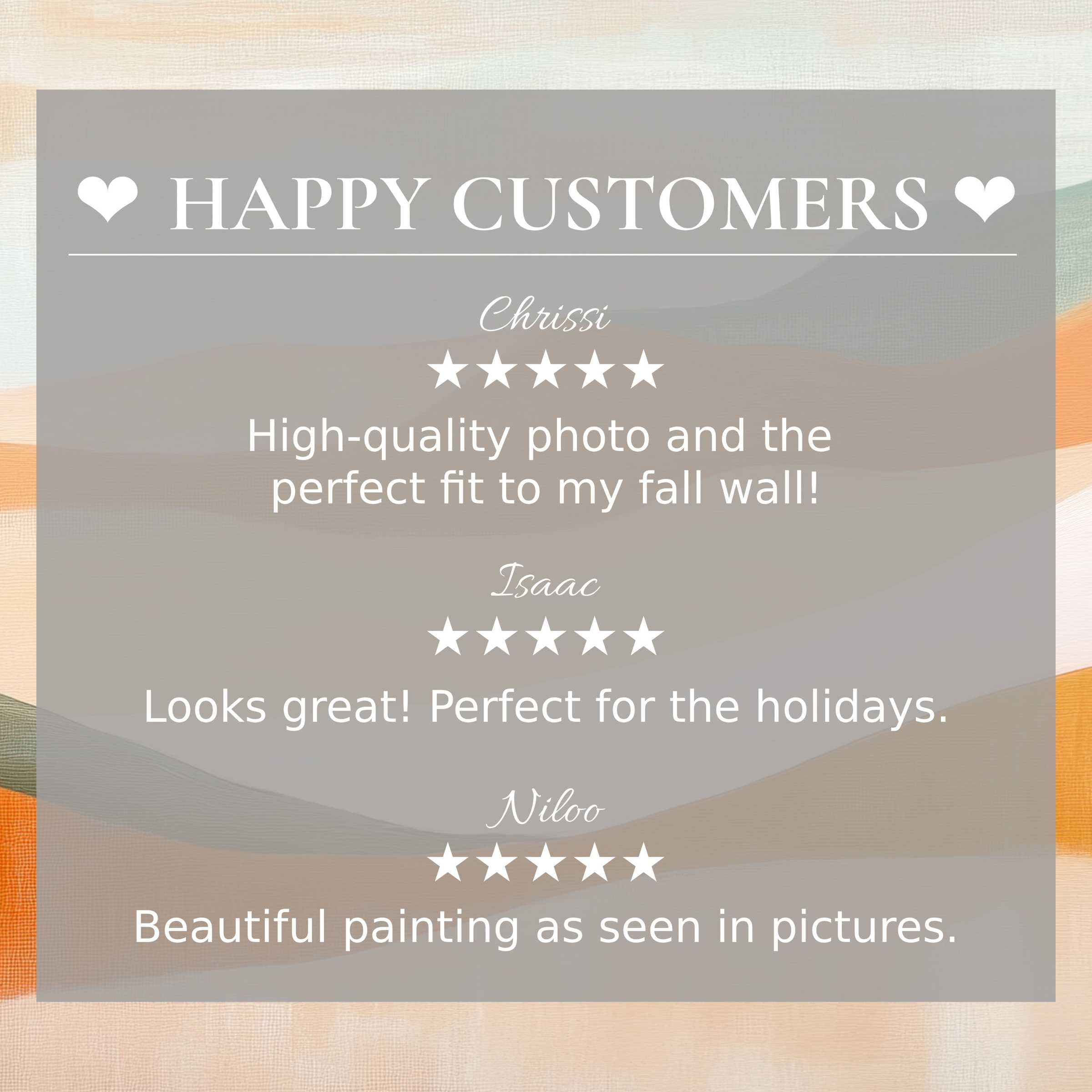 Boho art for Frame TV with abstract sunset hues, showcasing happy customer reviews and elegant, trusted design