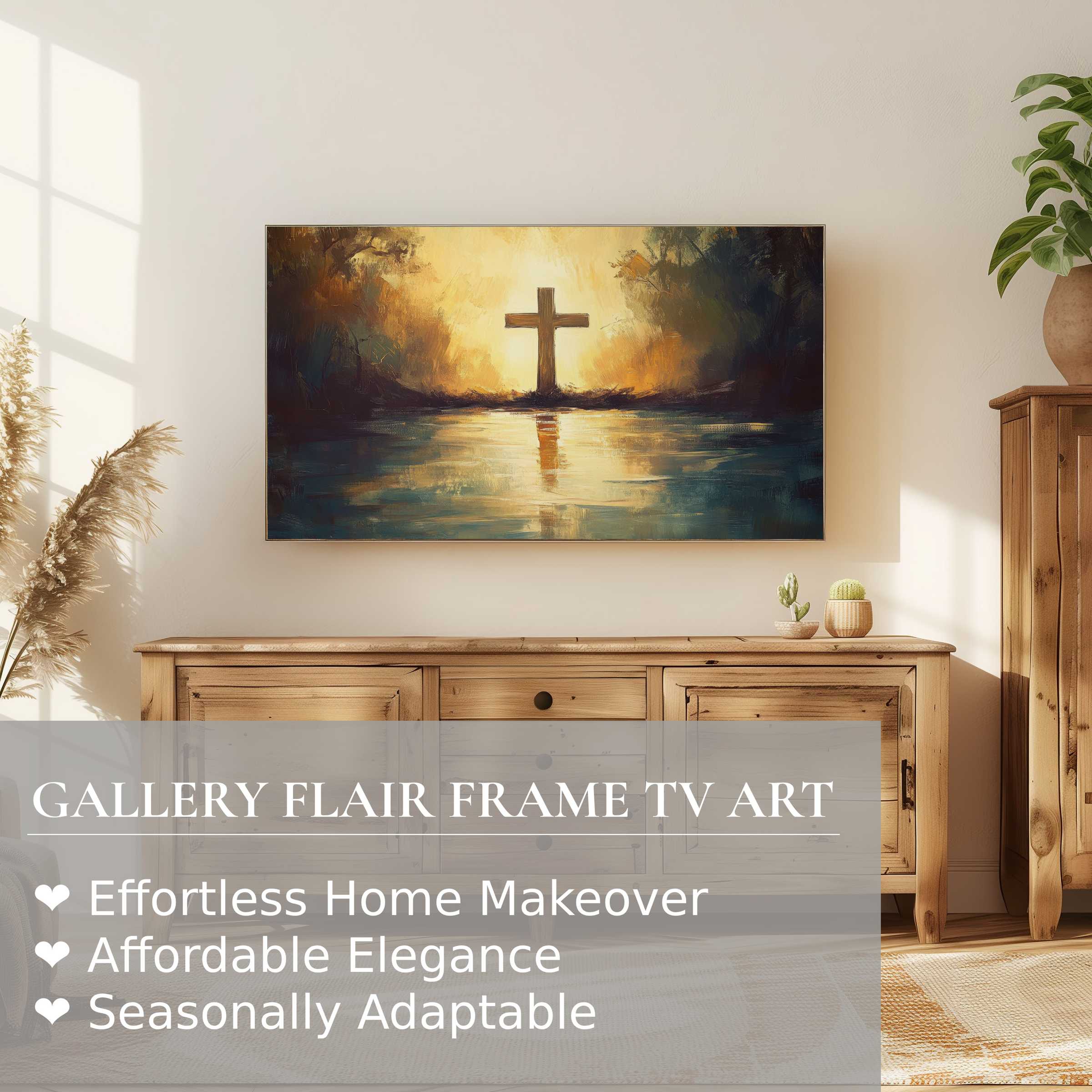 Modern rustic living room with warm light and Samsung Frame TV displaying serene easter digital artwork