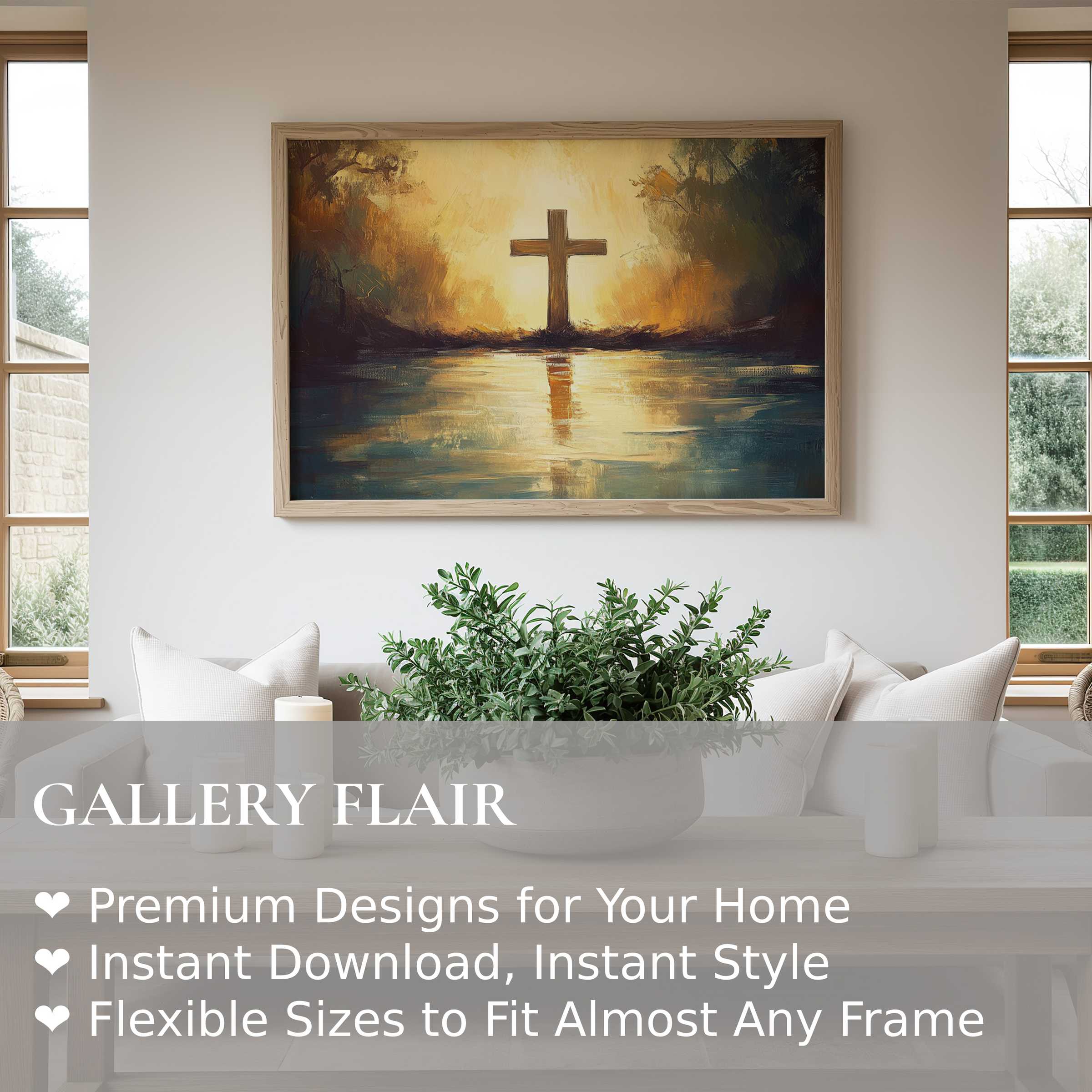 Easter wall art print featuring a radiant cross at sunset, adding serene spirituality to modern minimalist interiors