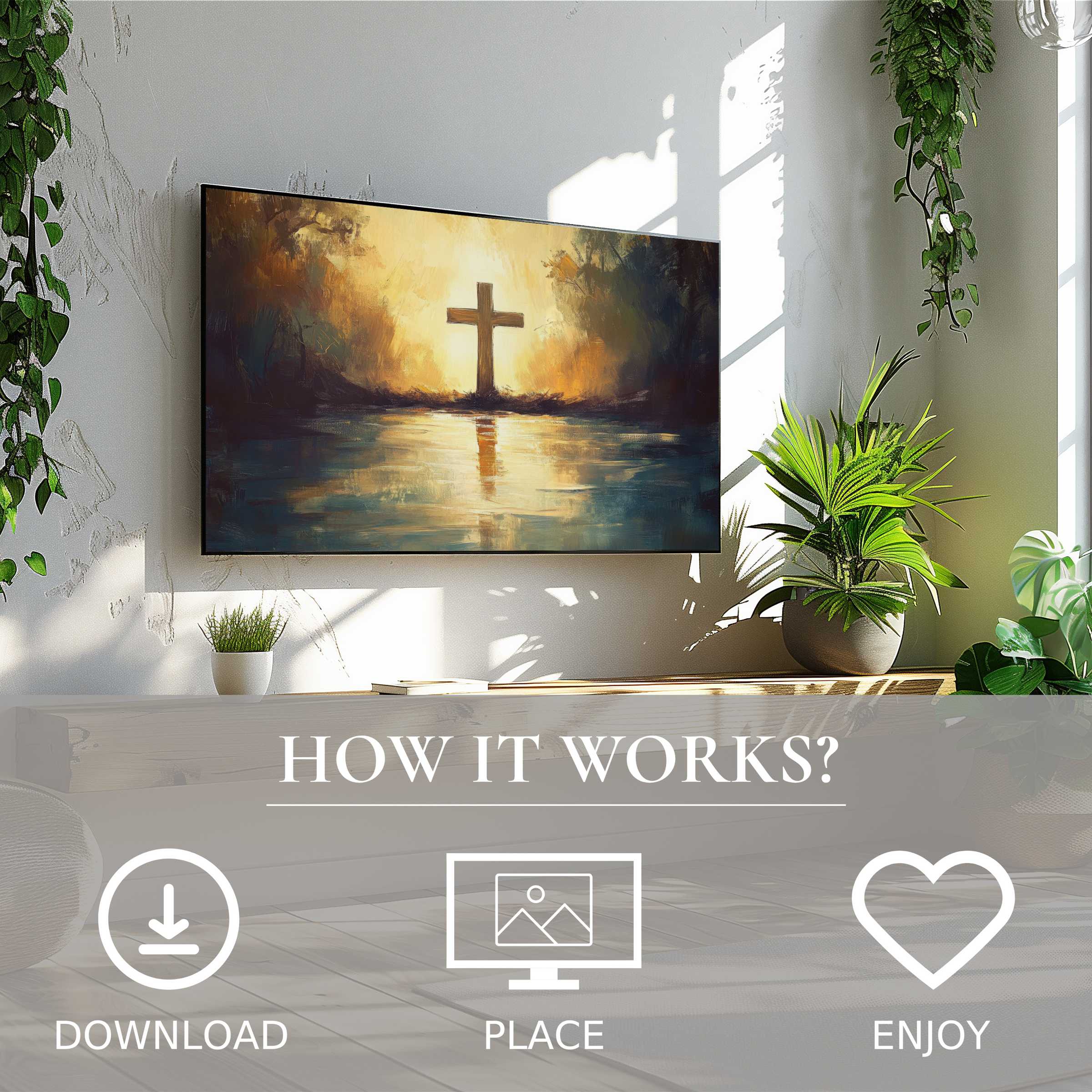 Elegant easter art for Samsung TV with warm sunset tones; easy digital download brightens modern living spaces