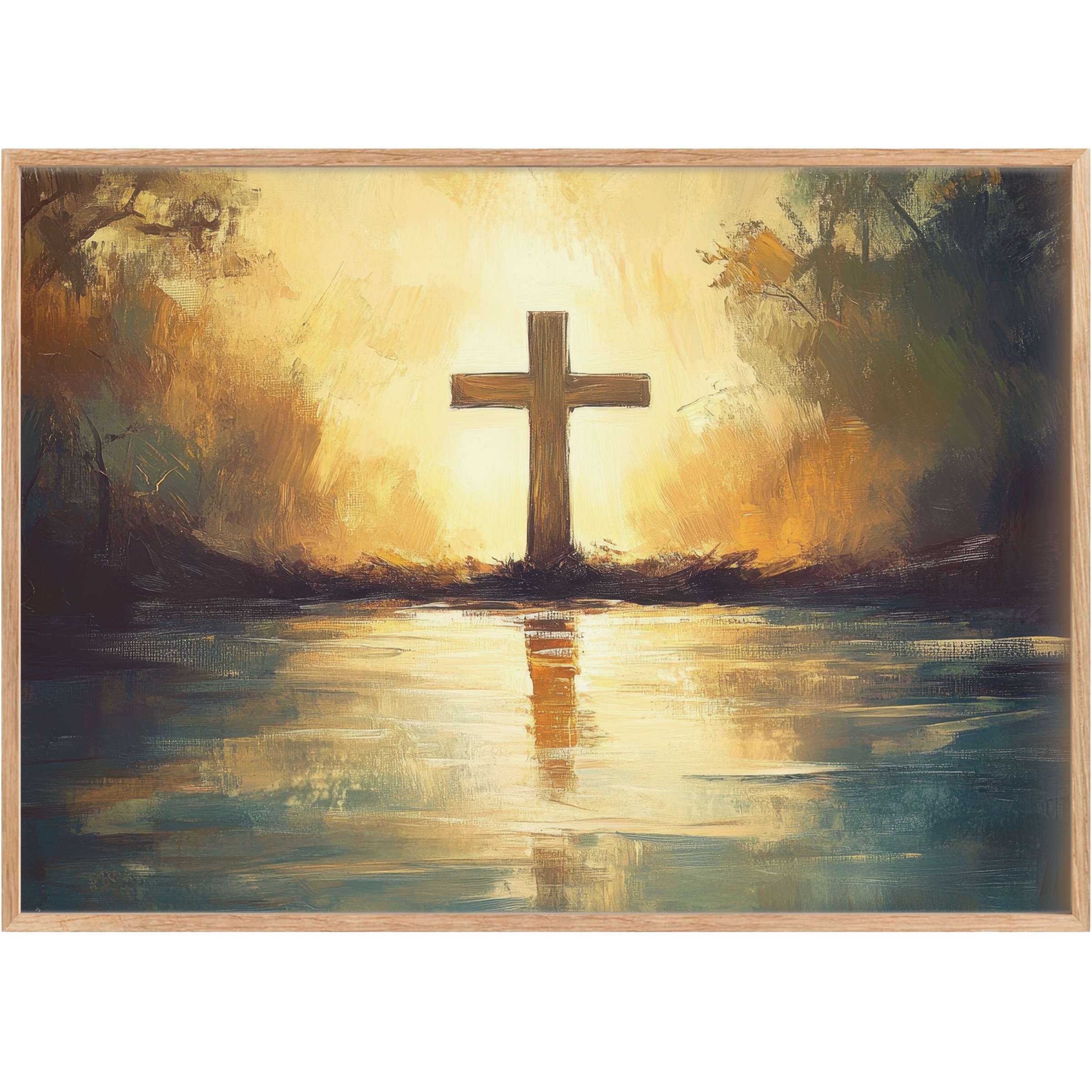 Easter printable wall art featuring a radiant wooden cross glowing with warm amber and deep teal reflections, evoking tranquil reverence