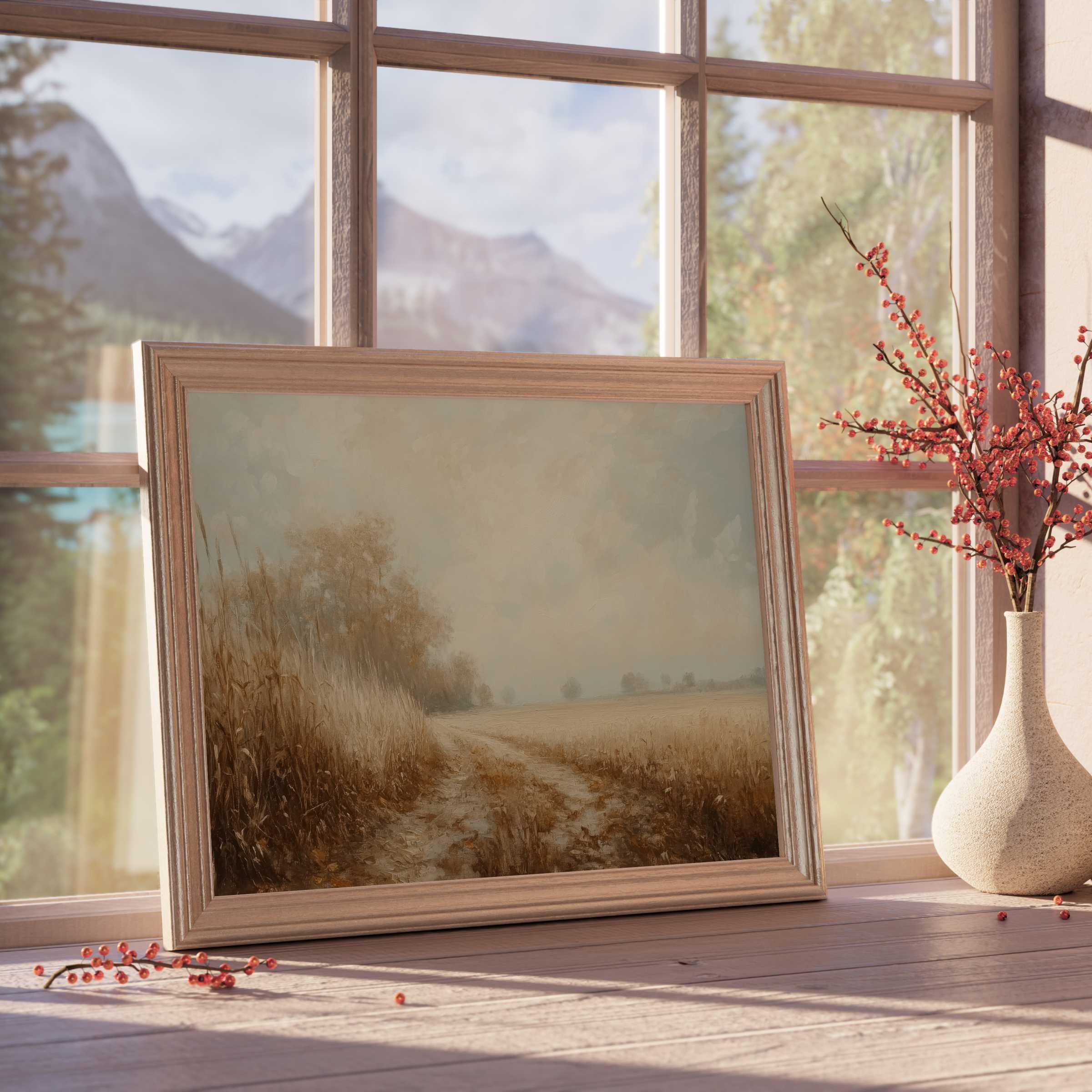 Serene fall downloadable art capturing golden fields with muted tones, enhancing tranquil, design-forward interiors with warm autumnal charm