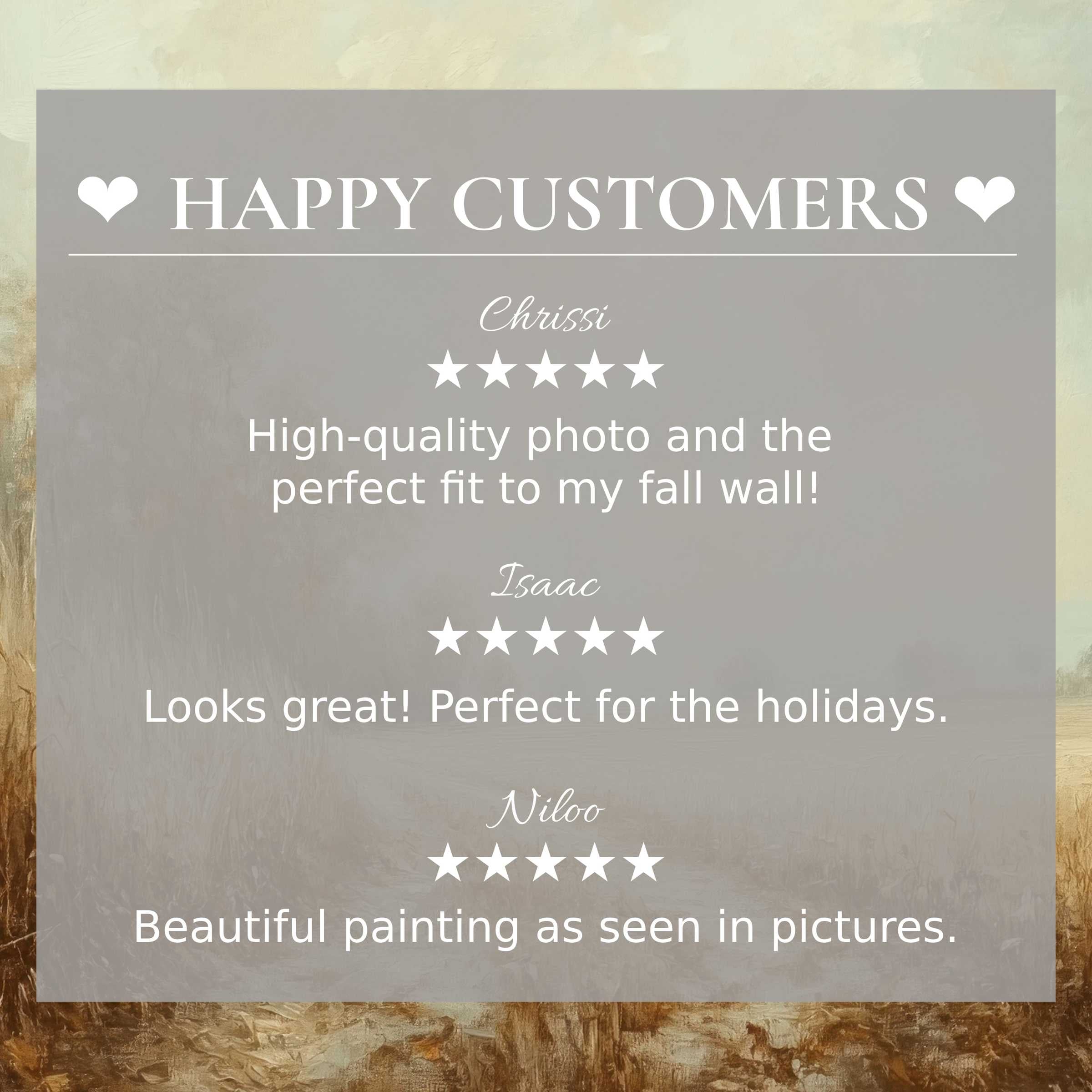 Fall art for Frame TV with abstract earth tones; layout builds trust highlighting happy customer reviews and elegance