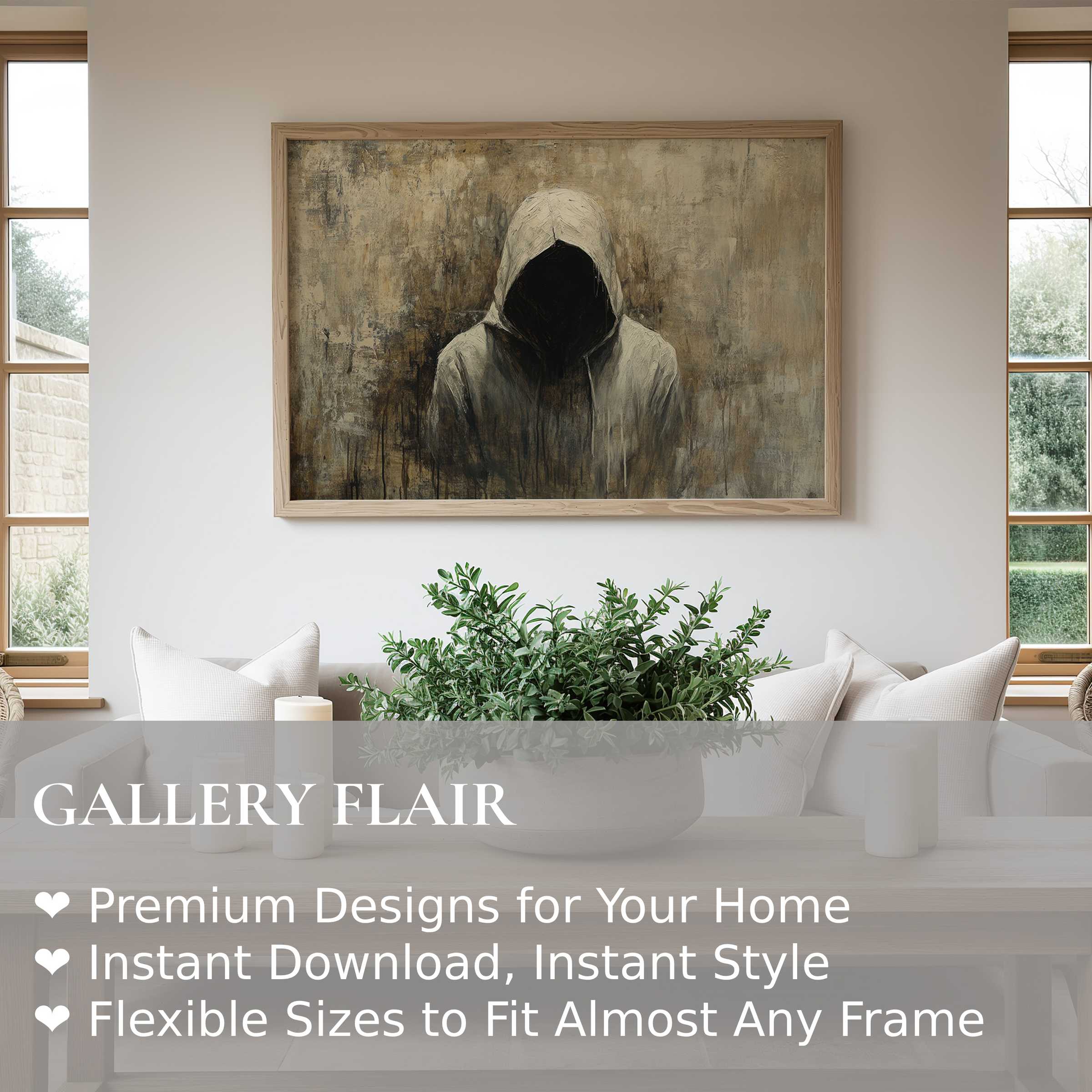 Halloween wall art print featuring a moody hooded figure with textured, earthy tones, enhancing modern minimalist interiors with bold, atmospheric allure
