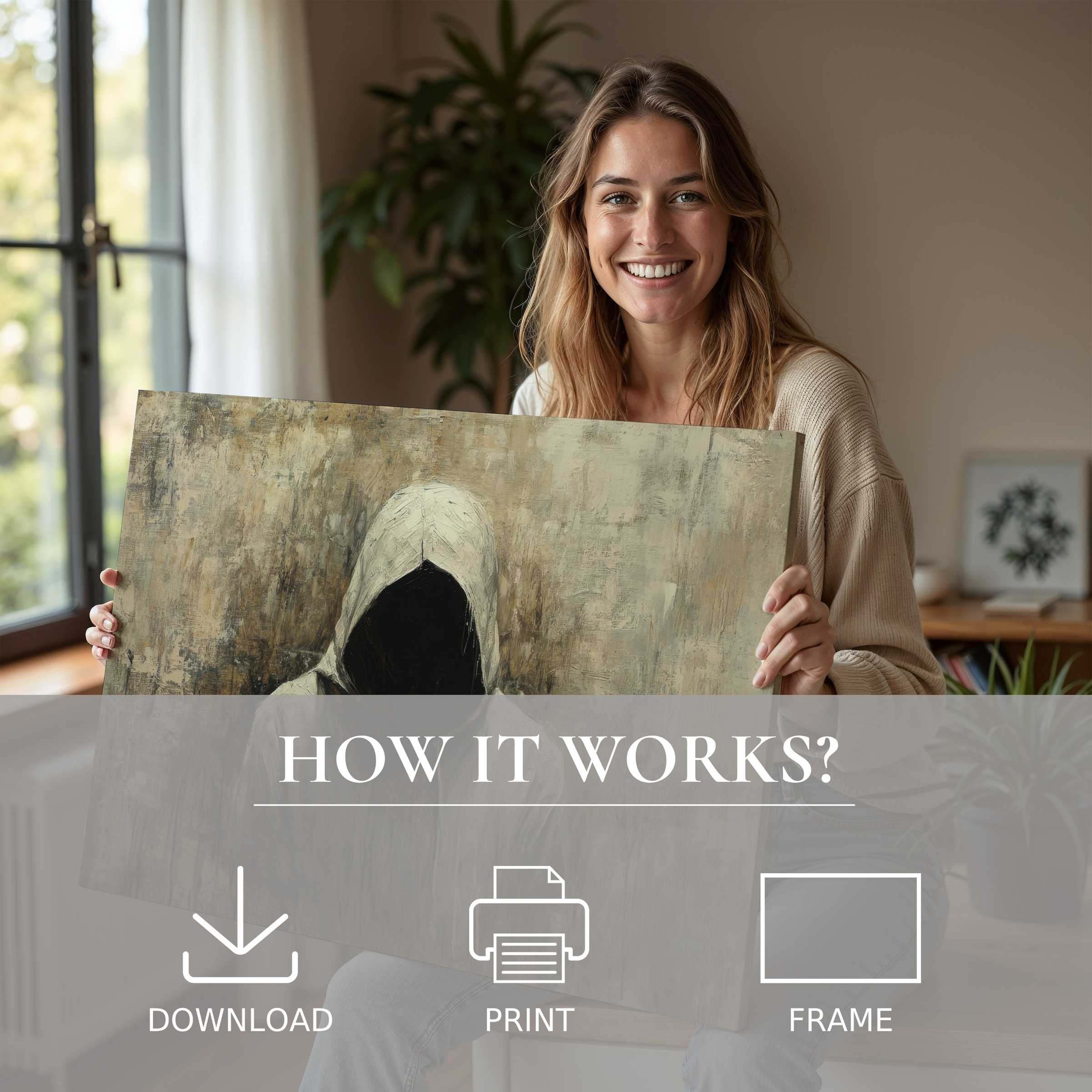 A serene moment of joy living with a Halloween digital art print, blending ease and elegance in modern home style
