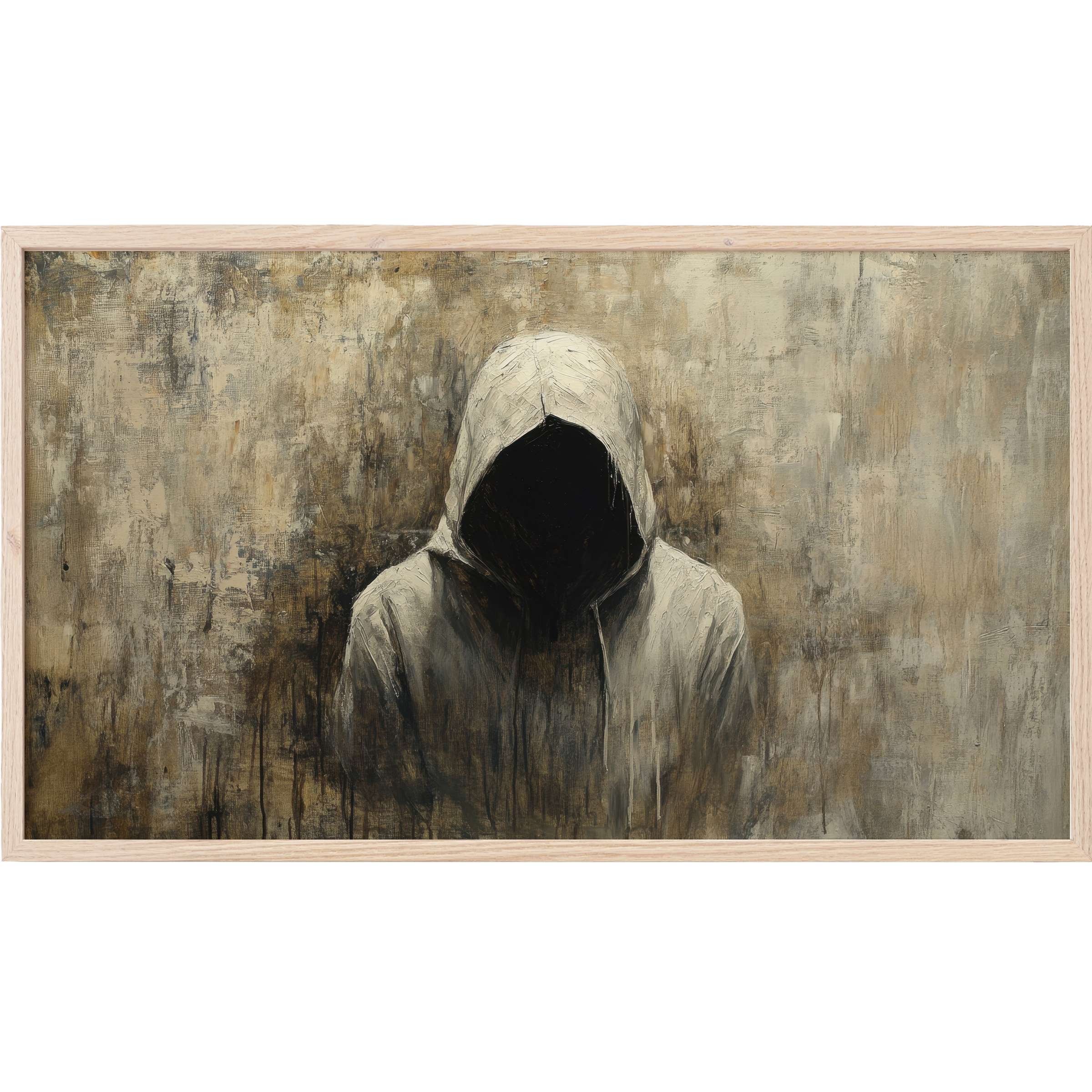 Moody figure in a hood emerges from textured earth tones, evoking mystery and depth - halloween Frame TV Art