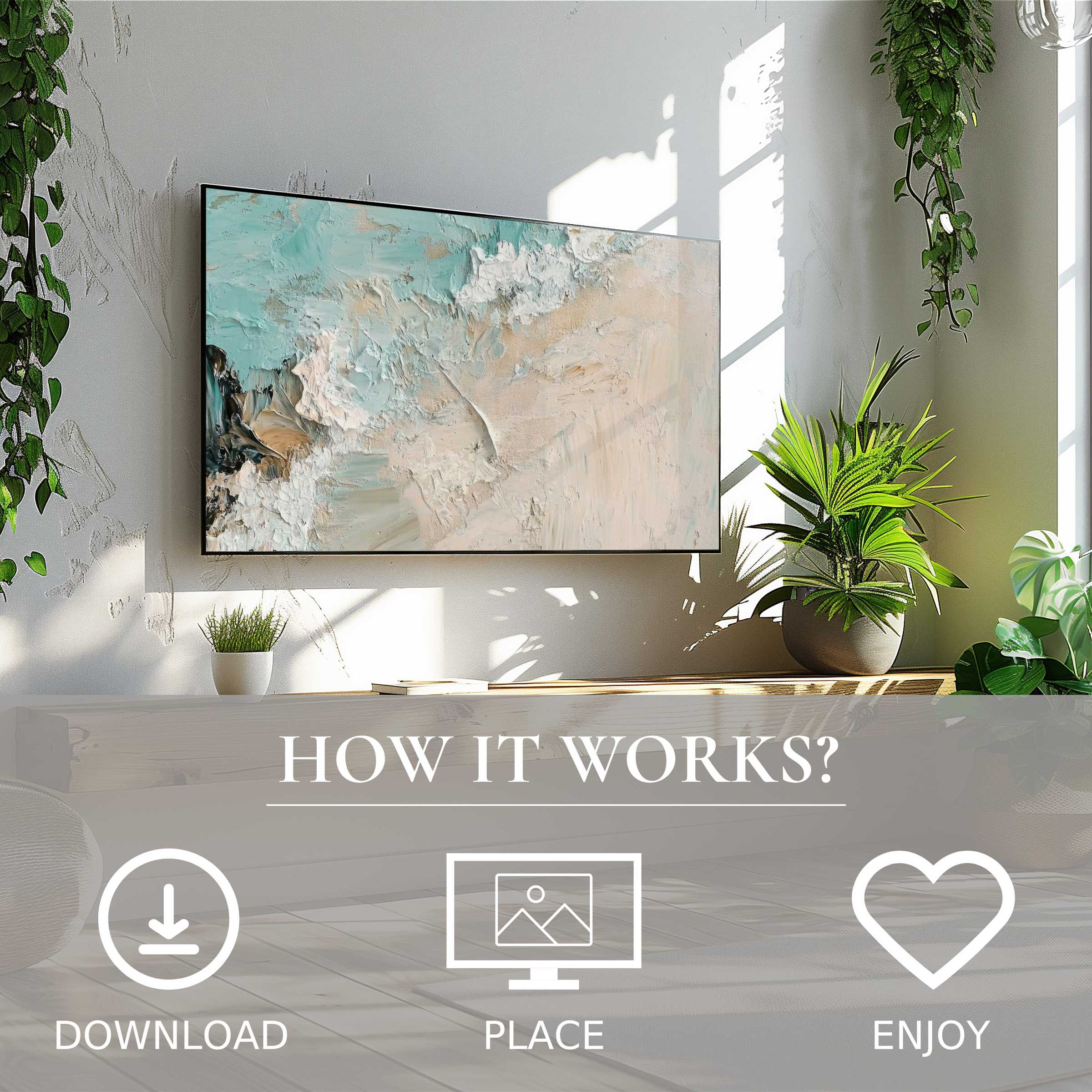 Modern living room with beach art for Samsung TV in soft turquoise tones, easy digital download enriches space