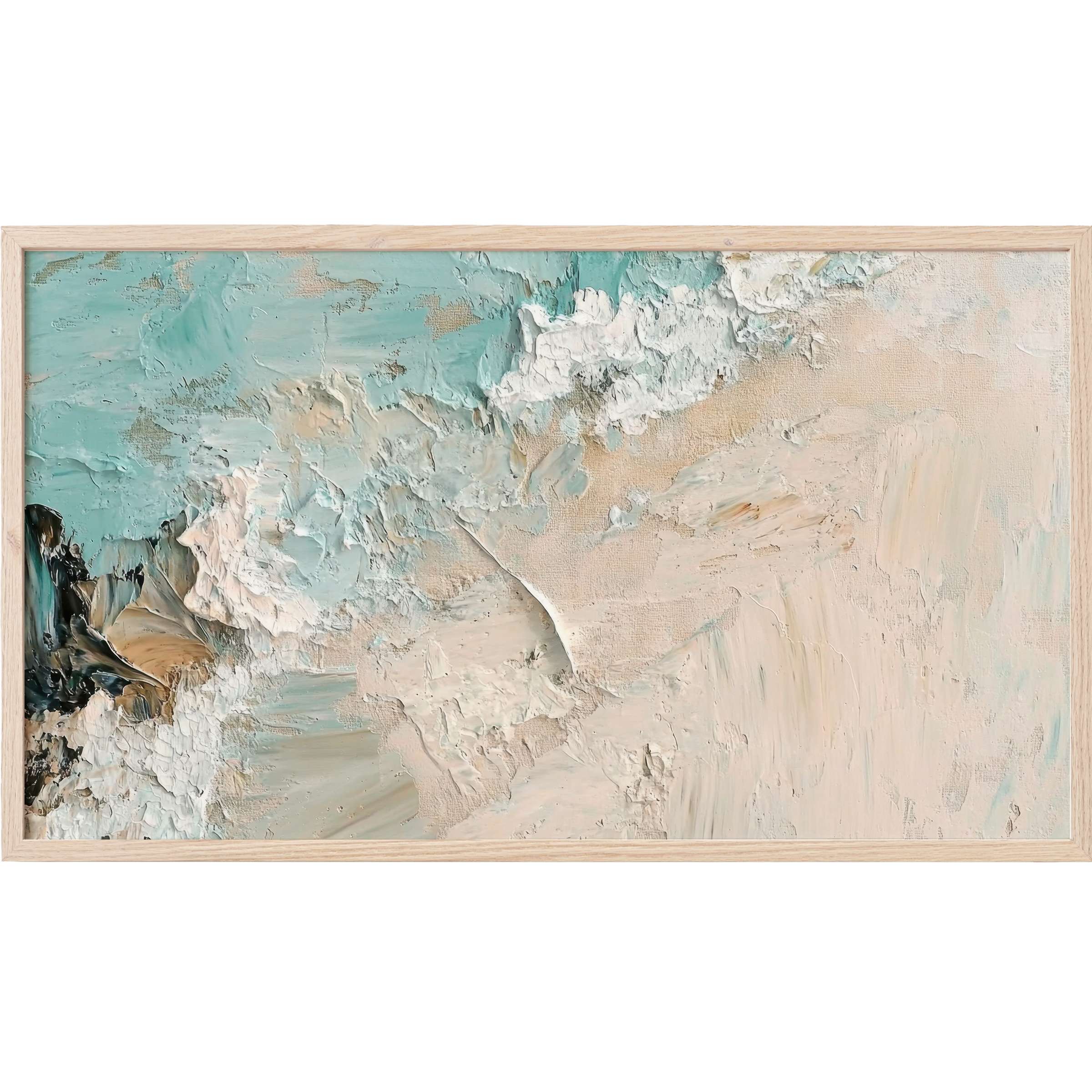 Textured abstract seascape in soft beige, aqua, and cream hues with a natural wood frame, beach Frame TV Art