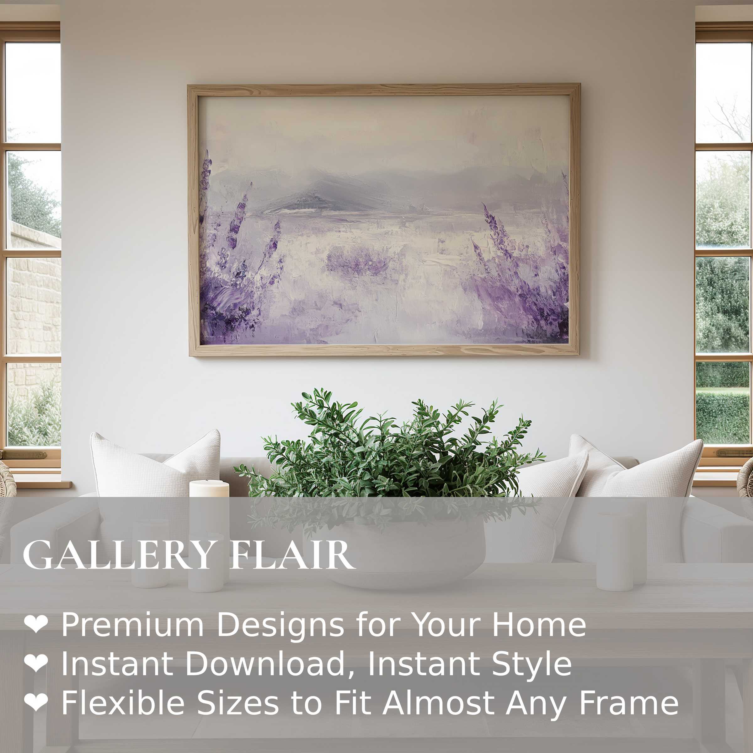 Botanical wall art print featuring serene lavender fields in soft purples, enhancing this modern, minimalist living space with calming, elegant charm