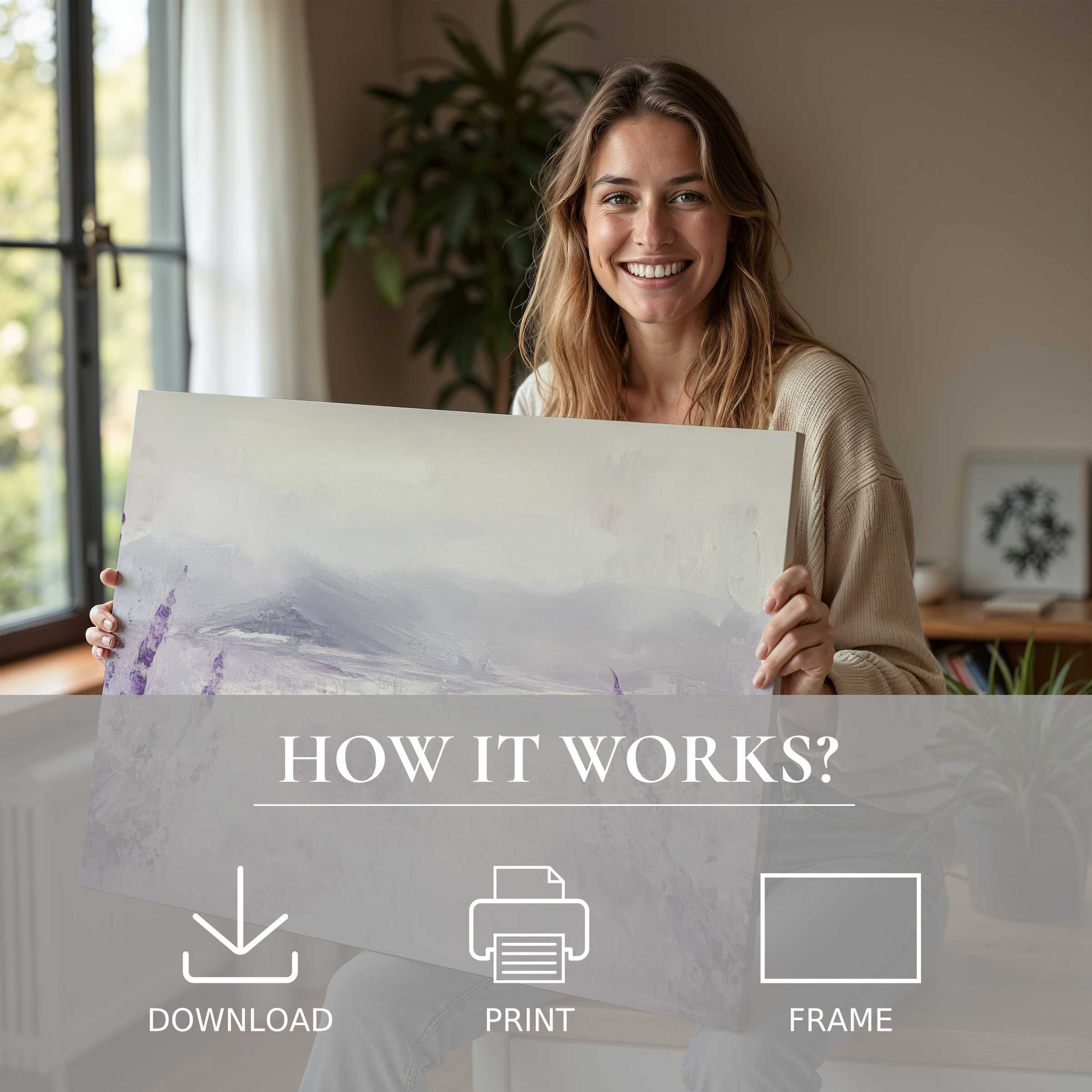 A woman radiates warmth in a modern home, embracing a botanical digital art print that transforms space with serene elegance