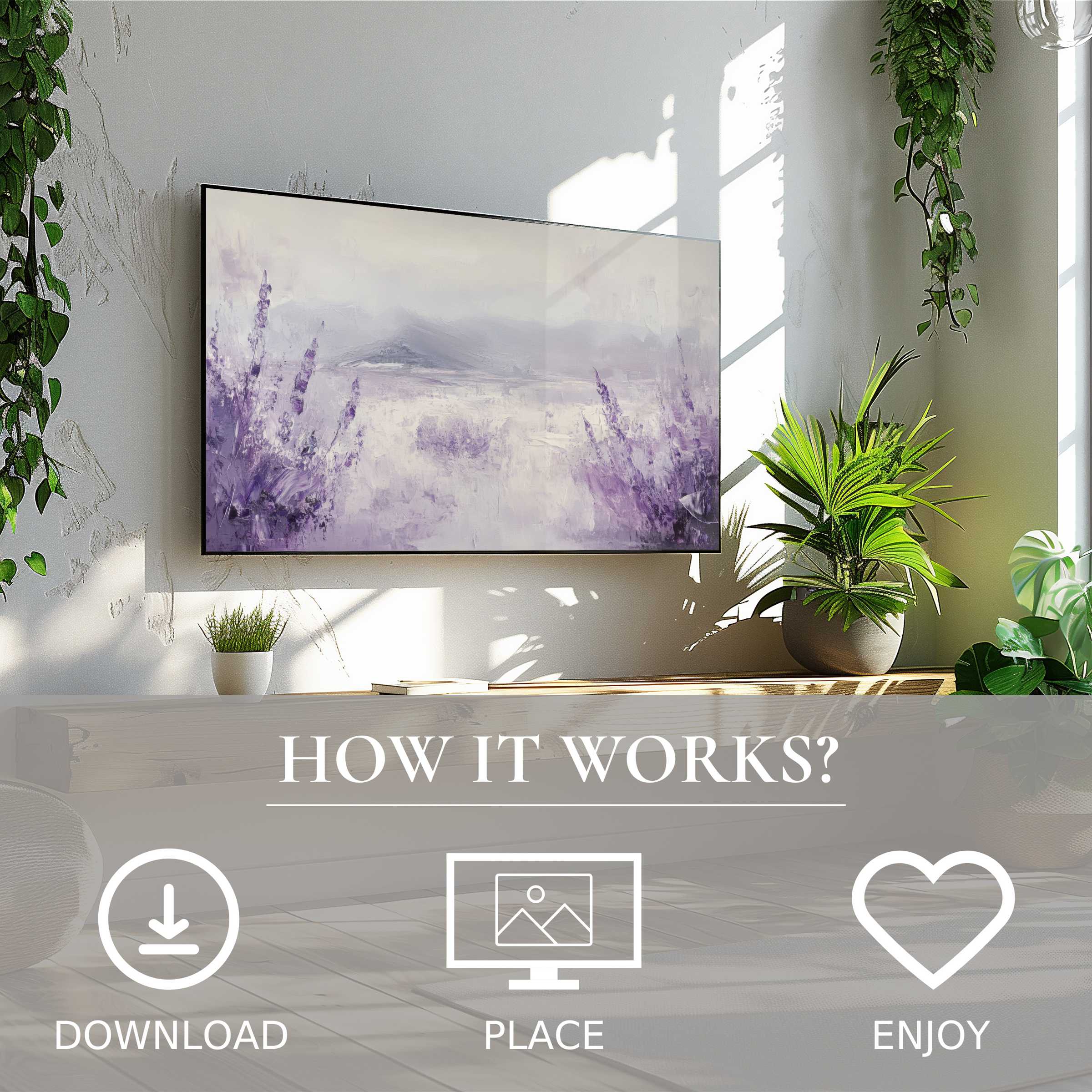 Modern living room with botanical art for Samsung TV in soft purple hues, easy digital download enriches space