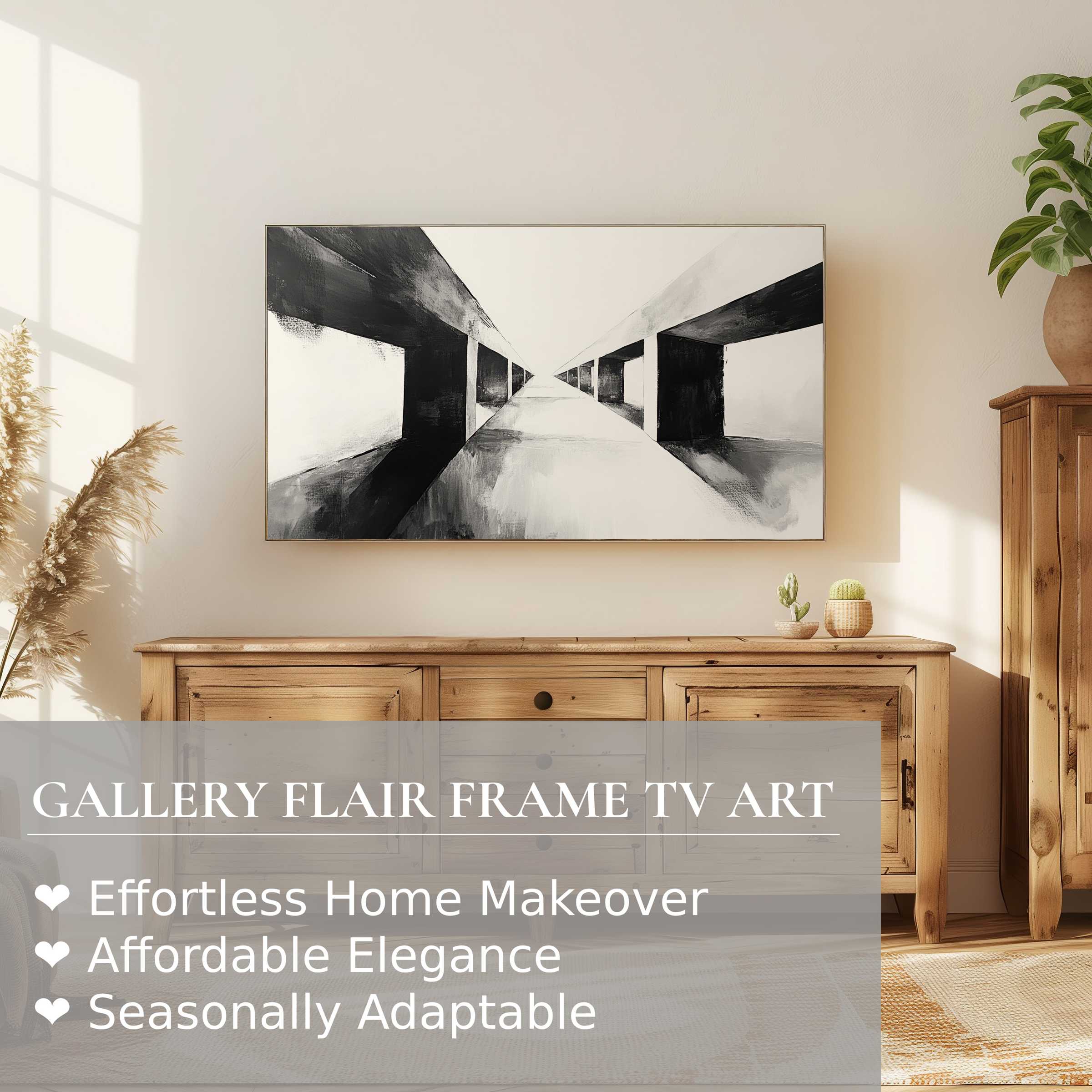 Modern living room with Samsung Frame TV displaying black and white digital artwork, sleek and sophisticated ambiance