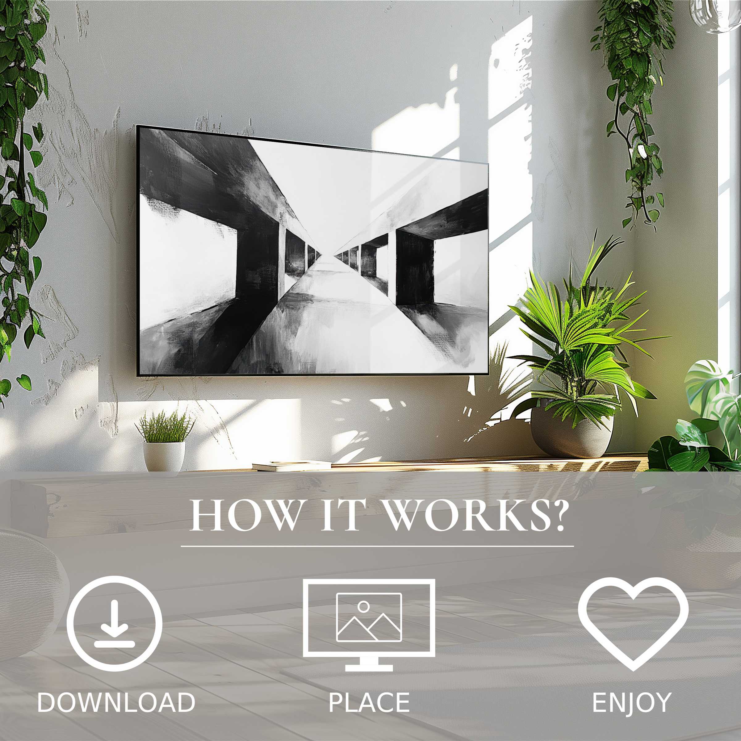 Black and white art for Samsung TV showing abstract corridor depth, easy digital download enriches modern living spaces