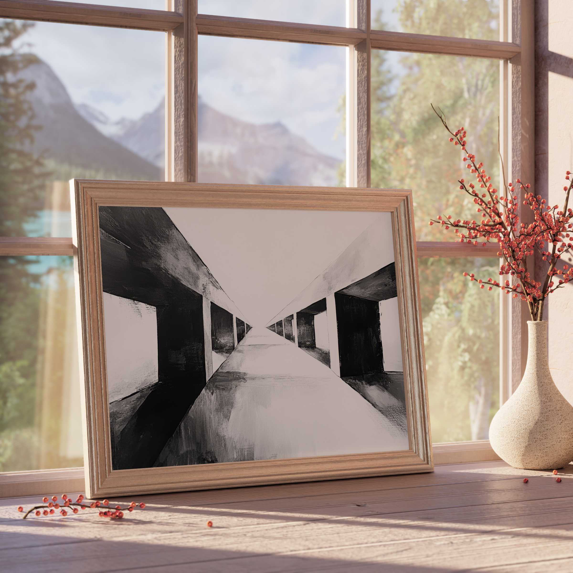 Black and white downloadable art with bold geometric depth, enriching serene, curated spaces with timeless modern elegance and architectural intrigue