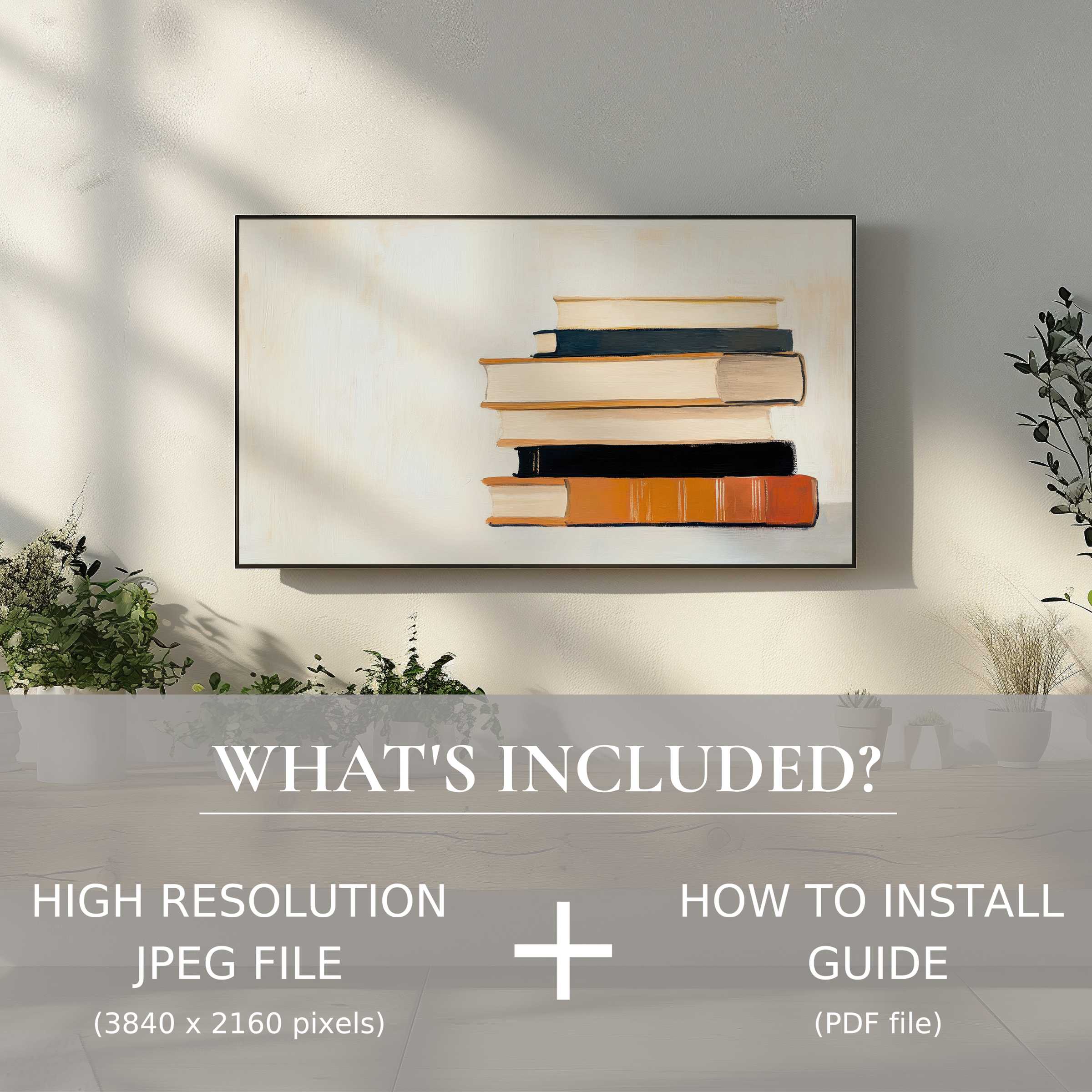 Minimalist digital TV art download showcasing stacked books, enhancing any modern living room with effortless digital elegance