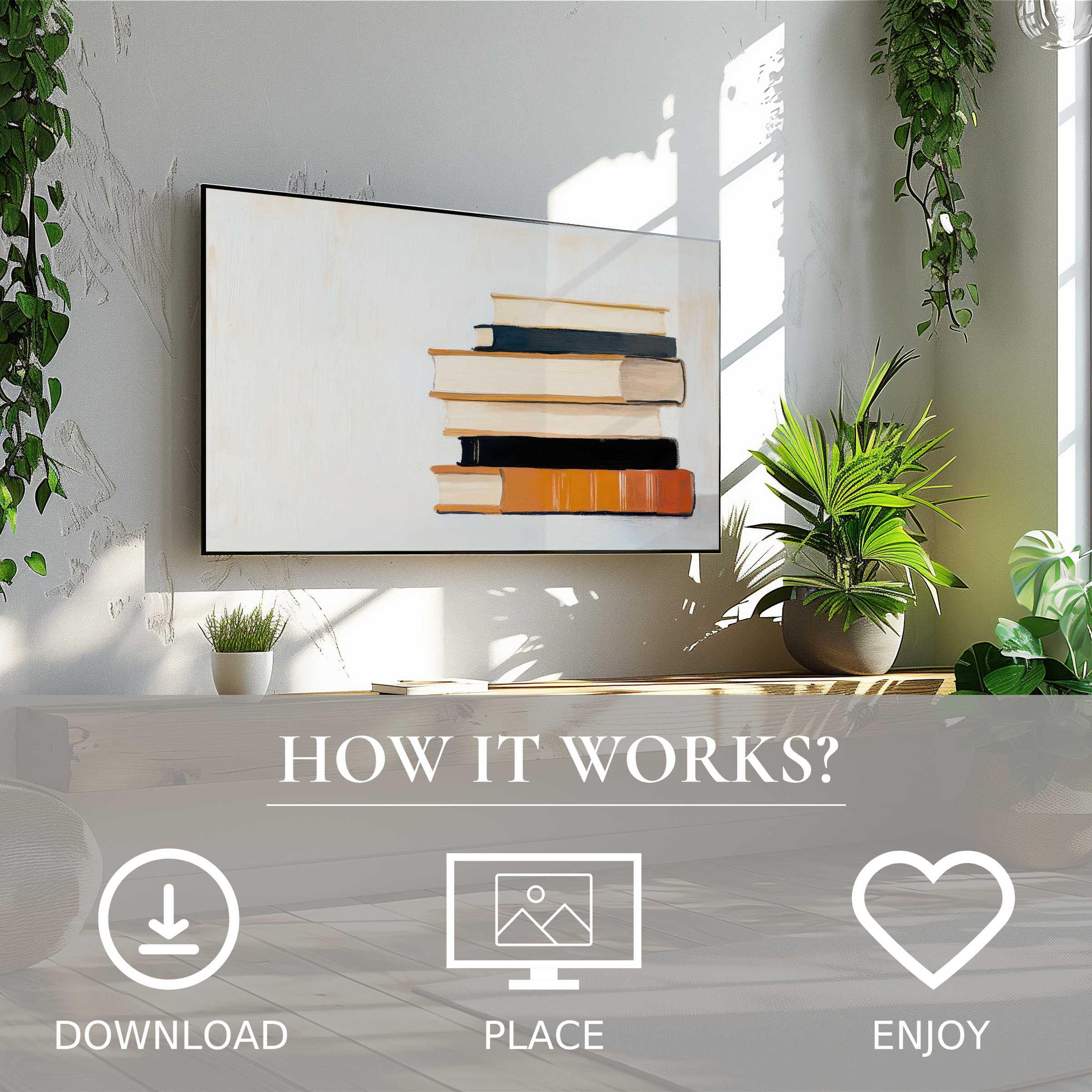 Minimalist art for Samsung TV with warm color flow of stacked books, easy digital download enriches modern living spaces