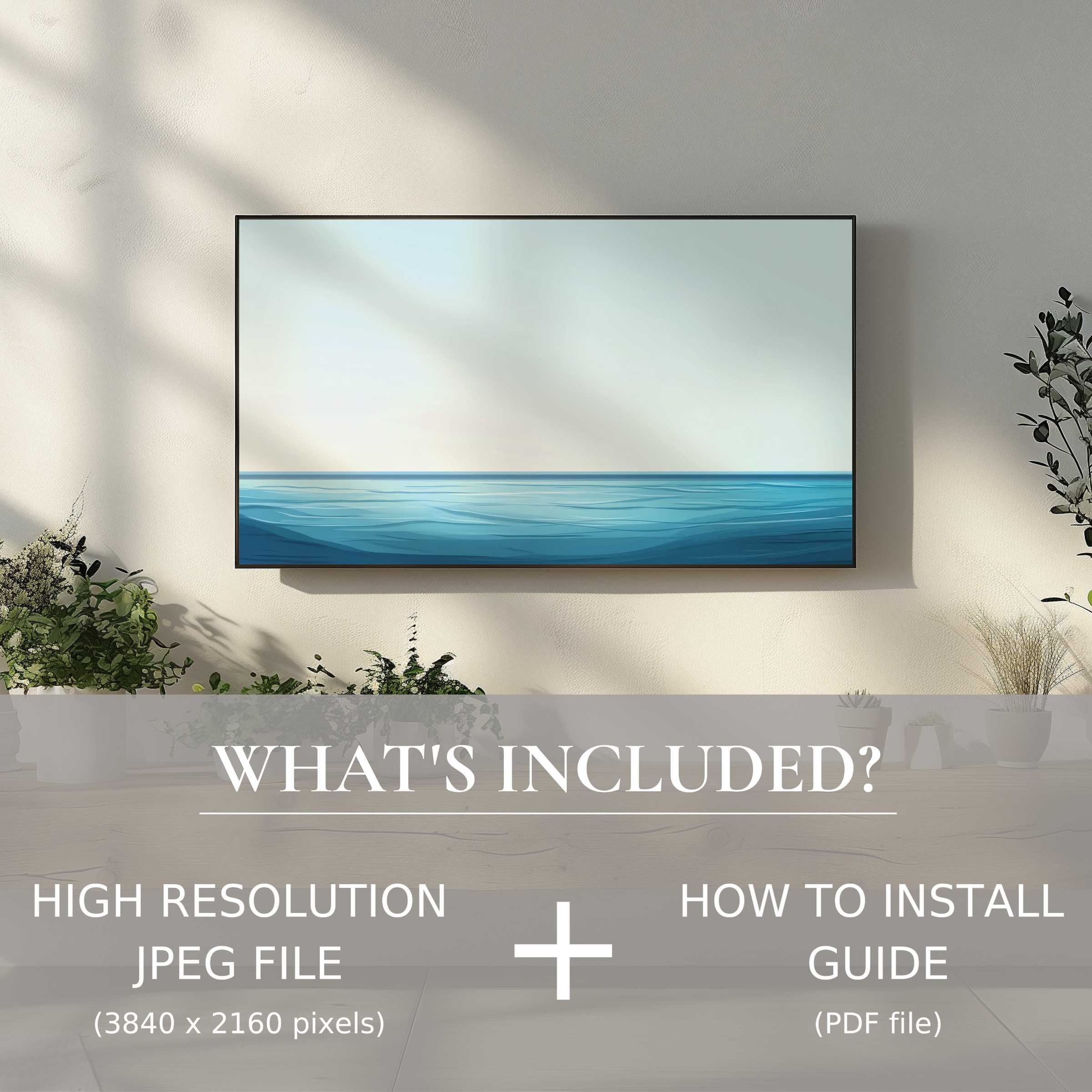 Elegant modern digital TV art download of serene ocean scene enhances living space with easy digital use and installation guide