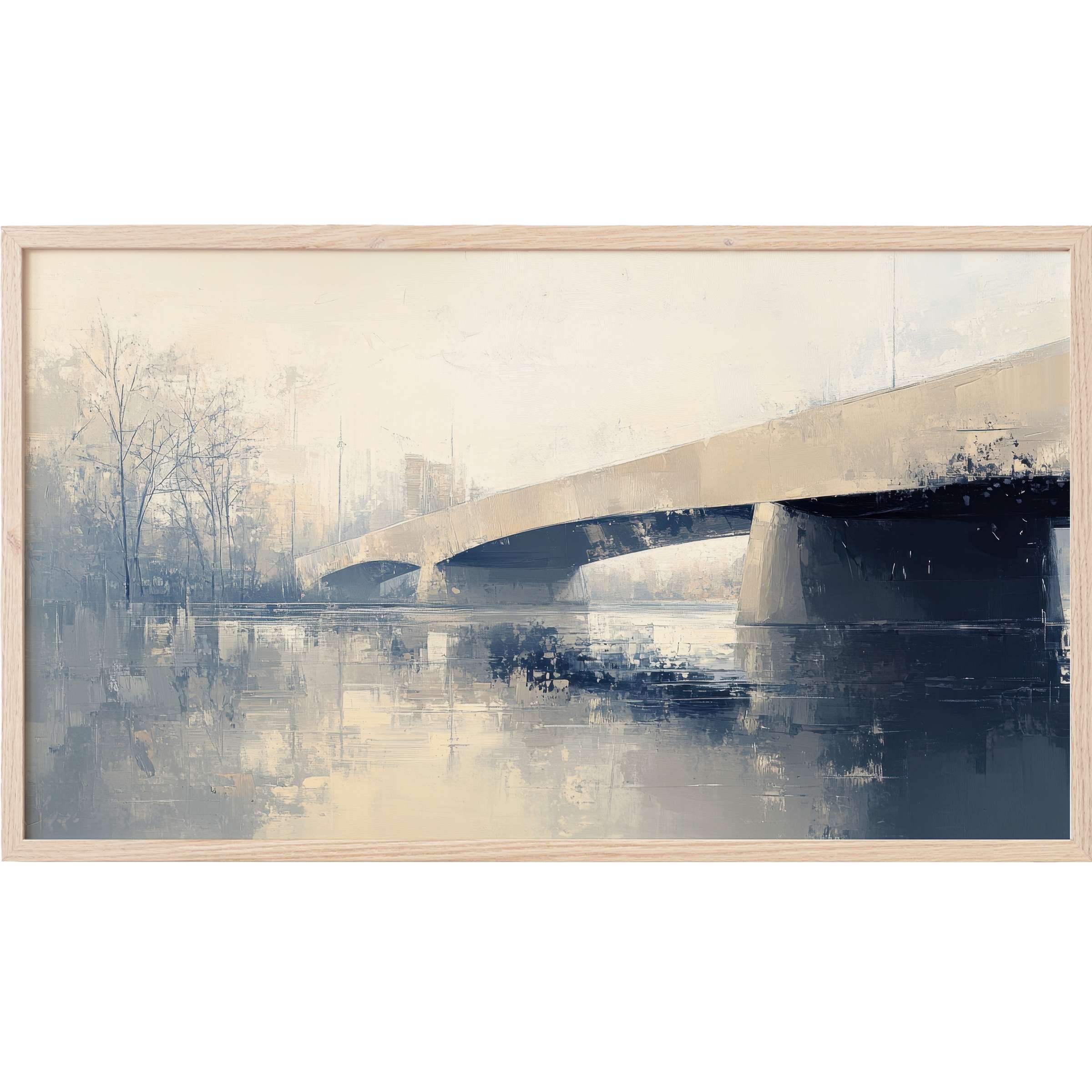 Urban Frame TV Art depicting a serene bridge scene in soft grays and beige with a modern, textured style
