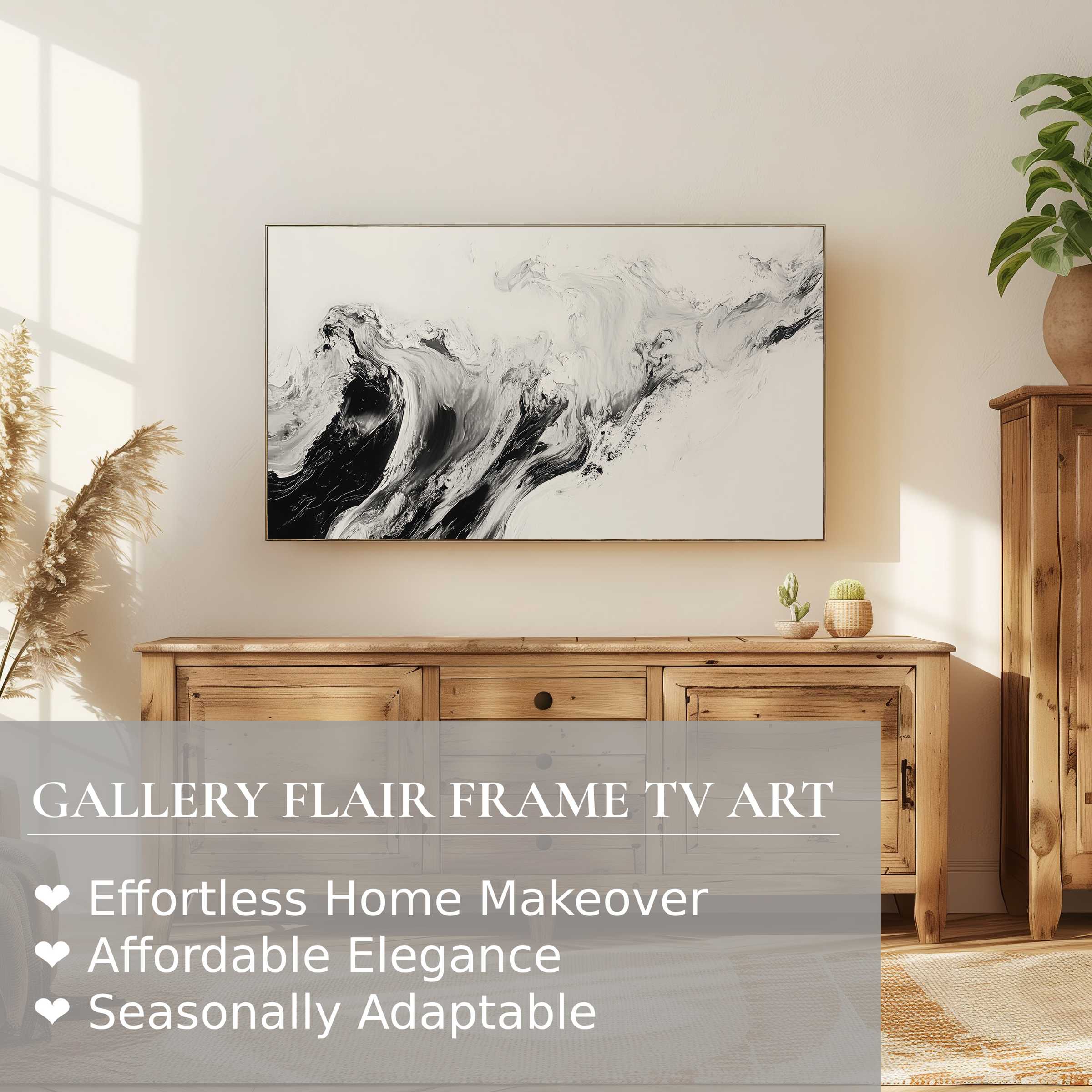 Samsung Frame TV displaying neutral digital artwork in a modern, sunlit room with warm wood accents and refined decor