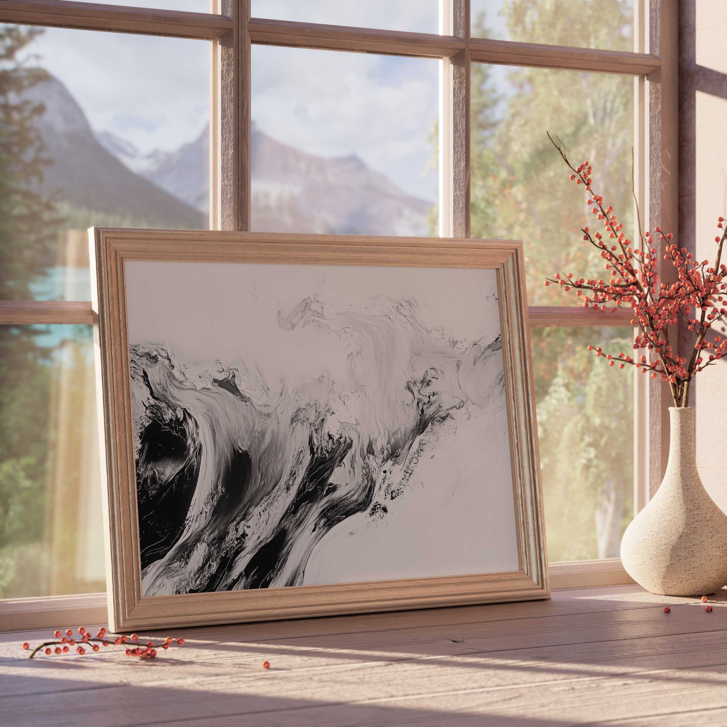 Neutral downloadable art featuring elegant black and gray fluid swirls, perfect for curated, tranquil, design-forward interiors