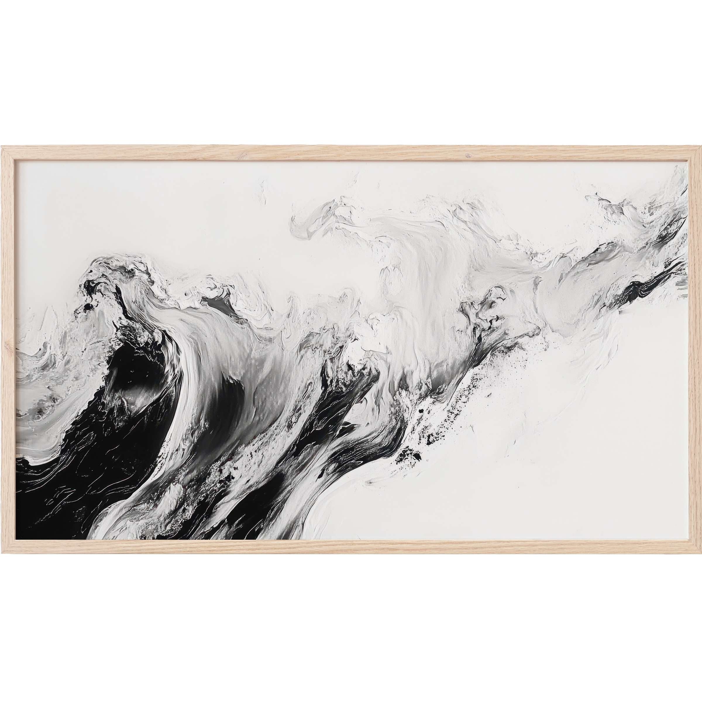 Abstract black and white fluid design in light wood frame, offering refined, neutral Frame TV Art for stylish interiors