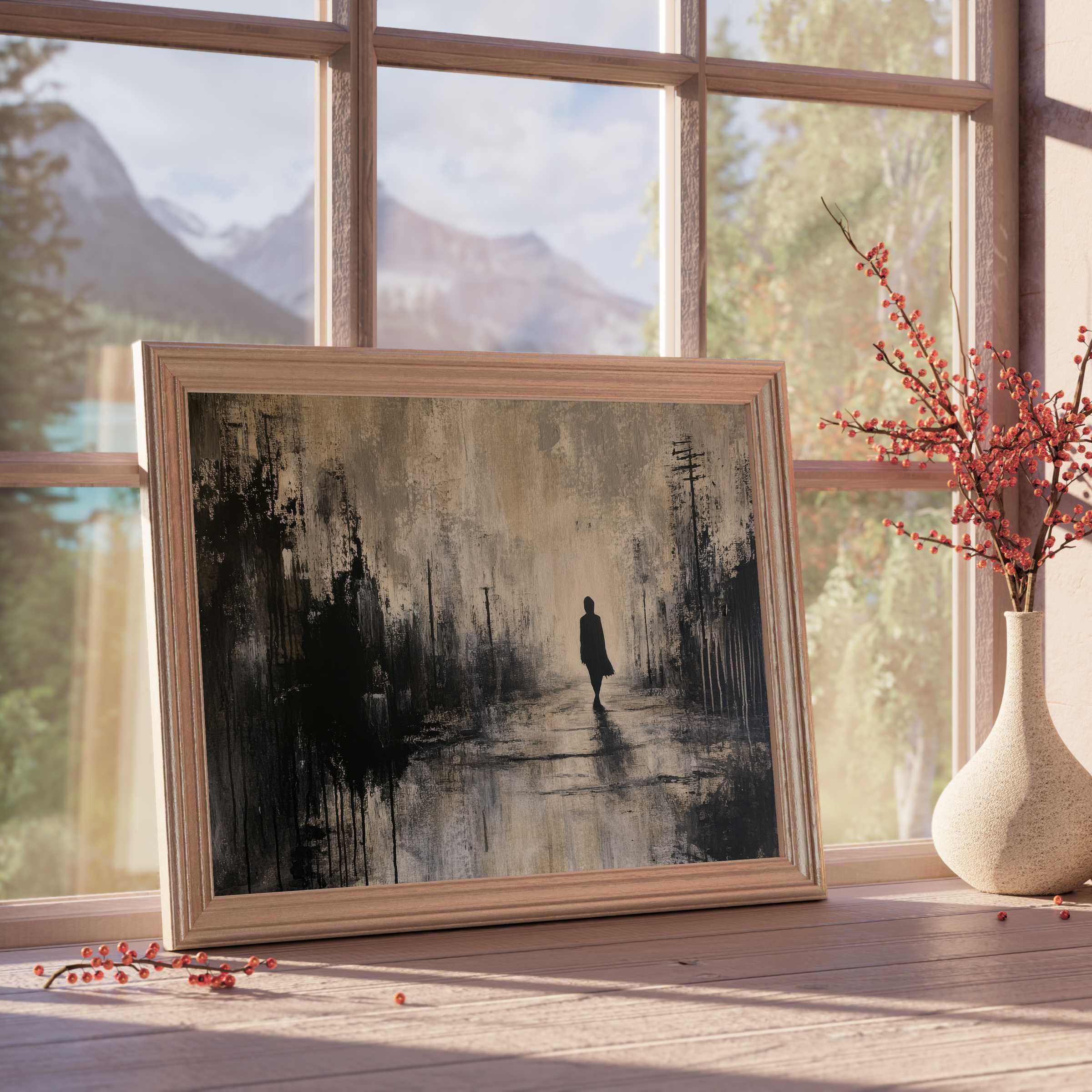 Street art downloadable art capturing a solitary figure in misty urban elegance, perfect for curated, serene interiors