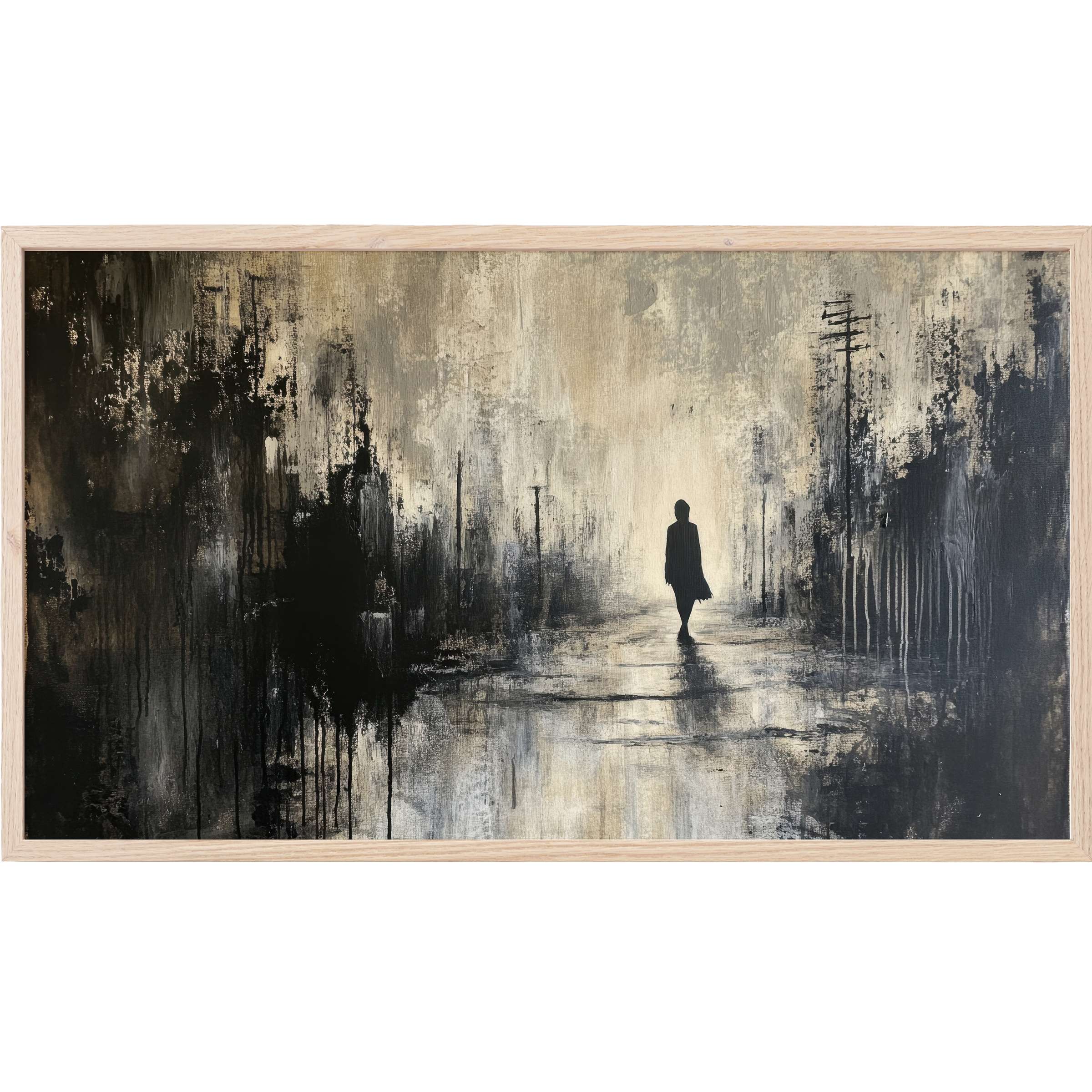 Moody monochrome scene with silhouette in textured tones of black, beige, grey; elegant street art Frame TV Art