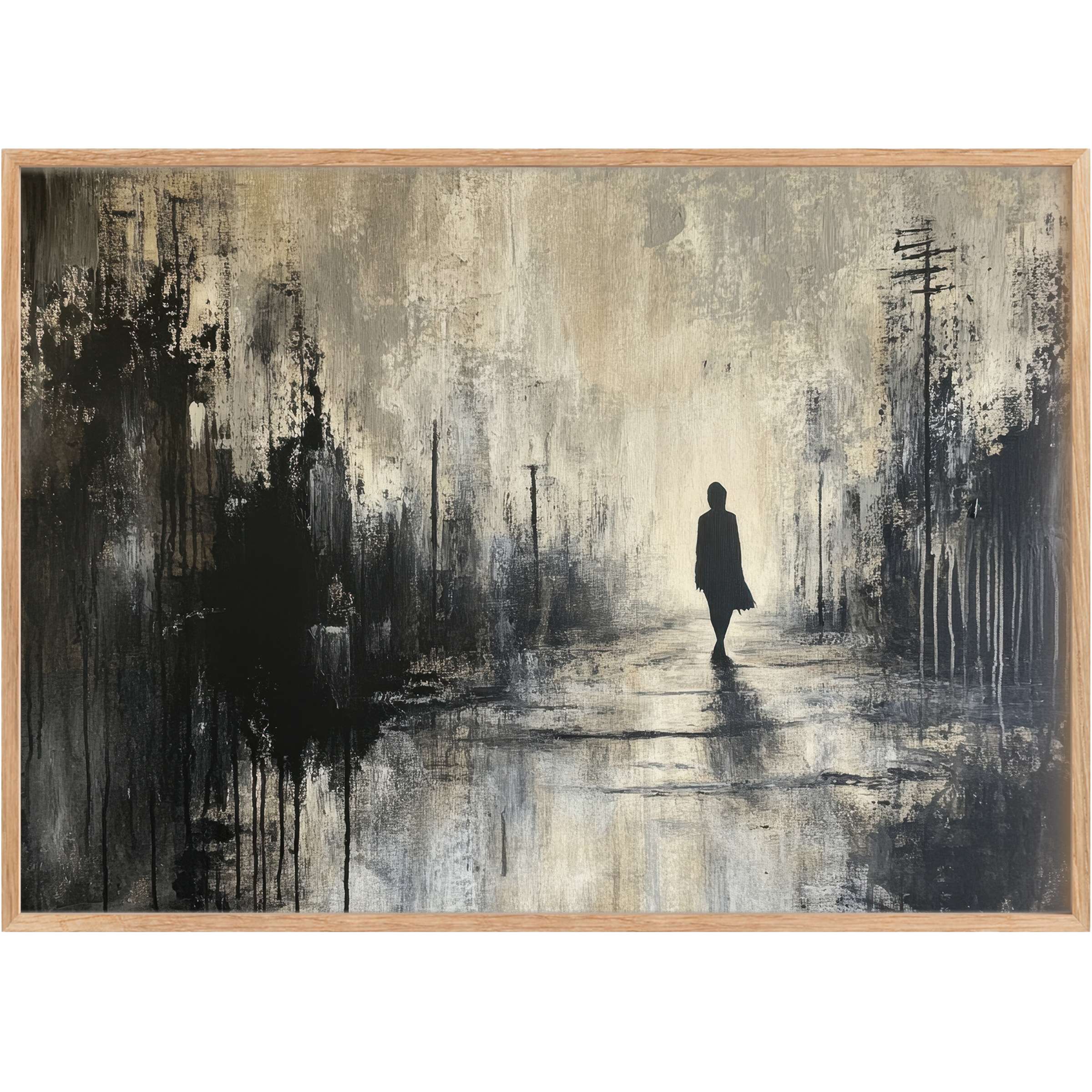 Moody street art printable wall art capturing a lone figure amid misty blacks and greys, evoking introspective elegance